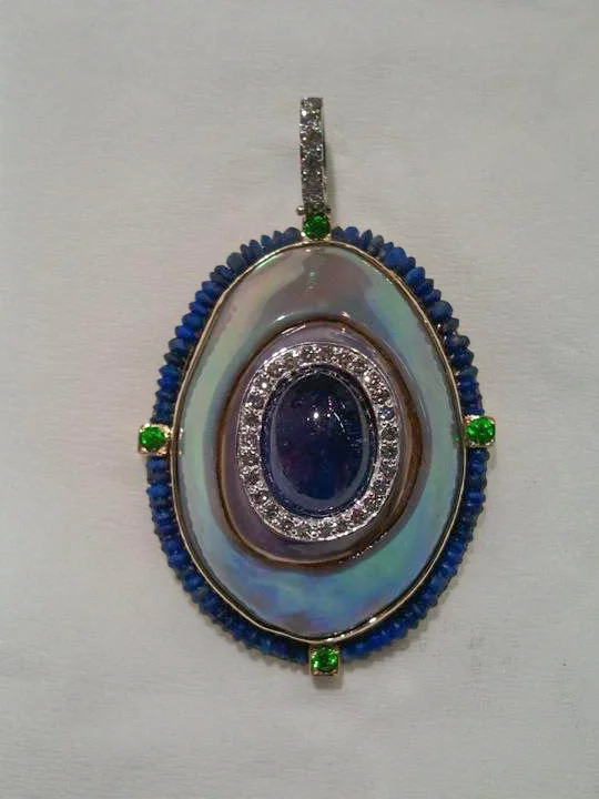 Cowry Shell Pearl, Tanzanite, Lapis, Demantoid Garnet and Diamond Pendant in 18kt and Platinum