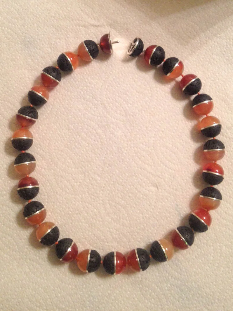 Carnelian & Canary Island Lava Beads with Sterling Inserts