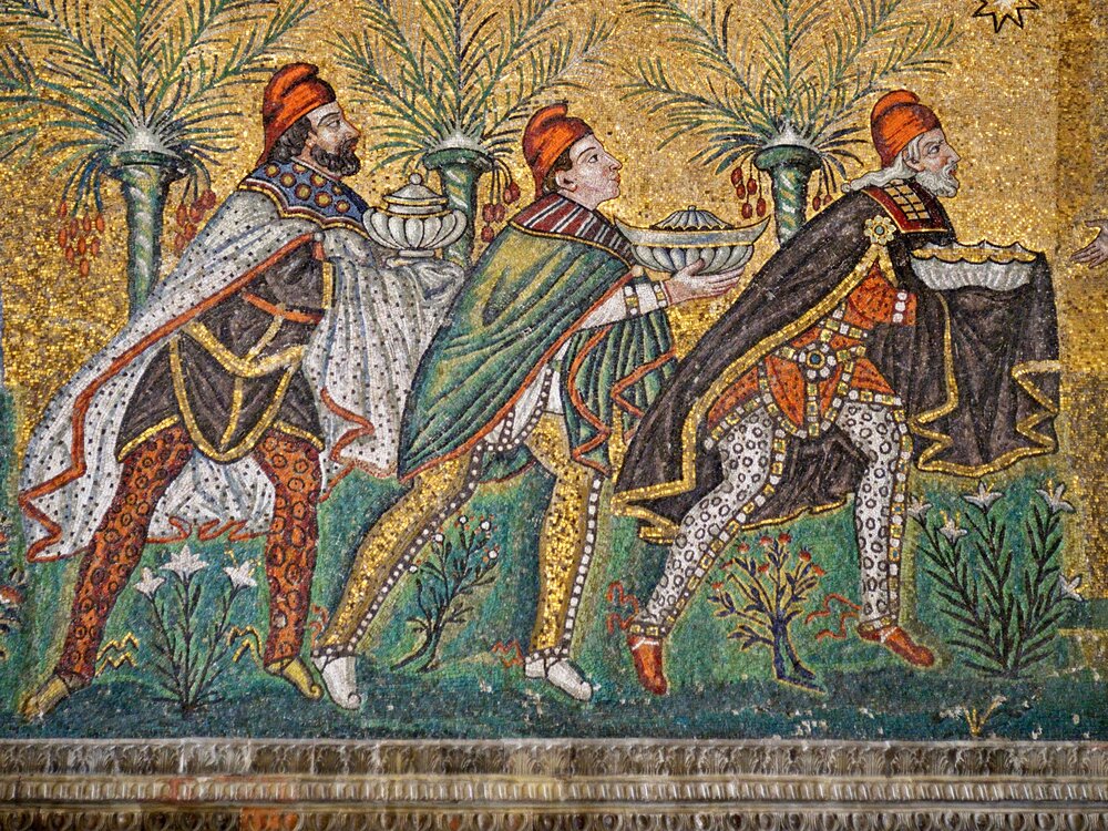 Three Wise Men from the East. Part of the mosaic on the left wall of the Basilica of Sant'Apollinare-Nuovo. Ravenna, Italy; image from Wikimedia Commons