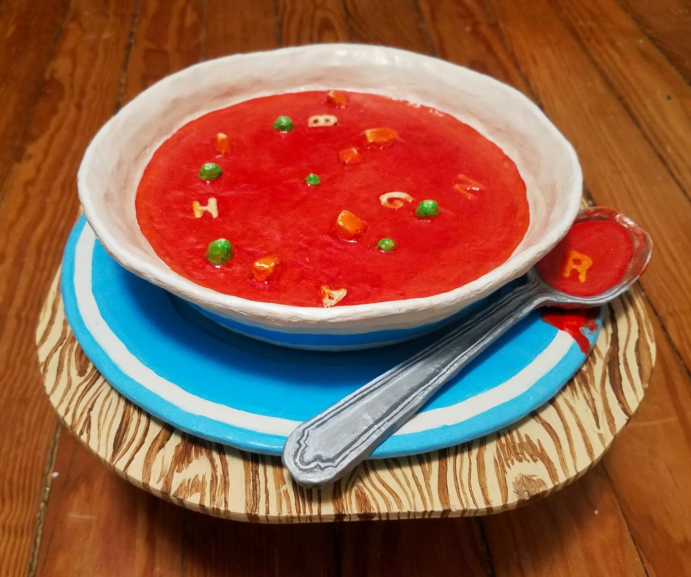 Alphabet Soup  Paper mache and acrylic 2023