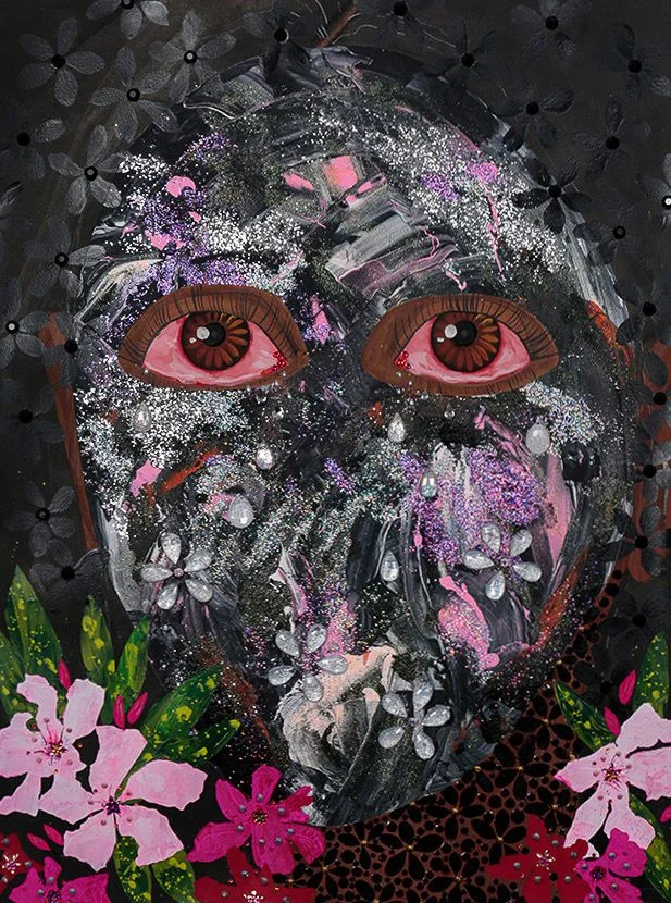 Jasmine Zelaya, Oleander Metamorphosis , 2018, Gouache, Acrylic, Ink, Rhinestones and Glitter on Arches Watercolor Paper, 22” x 30”