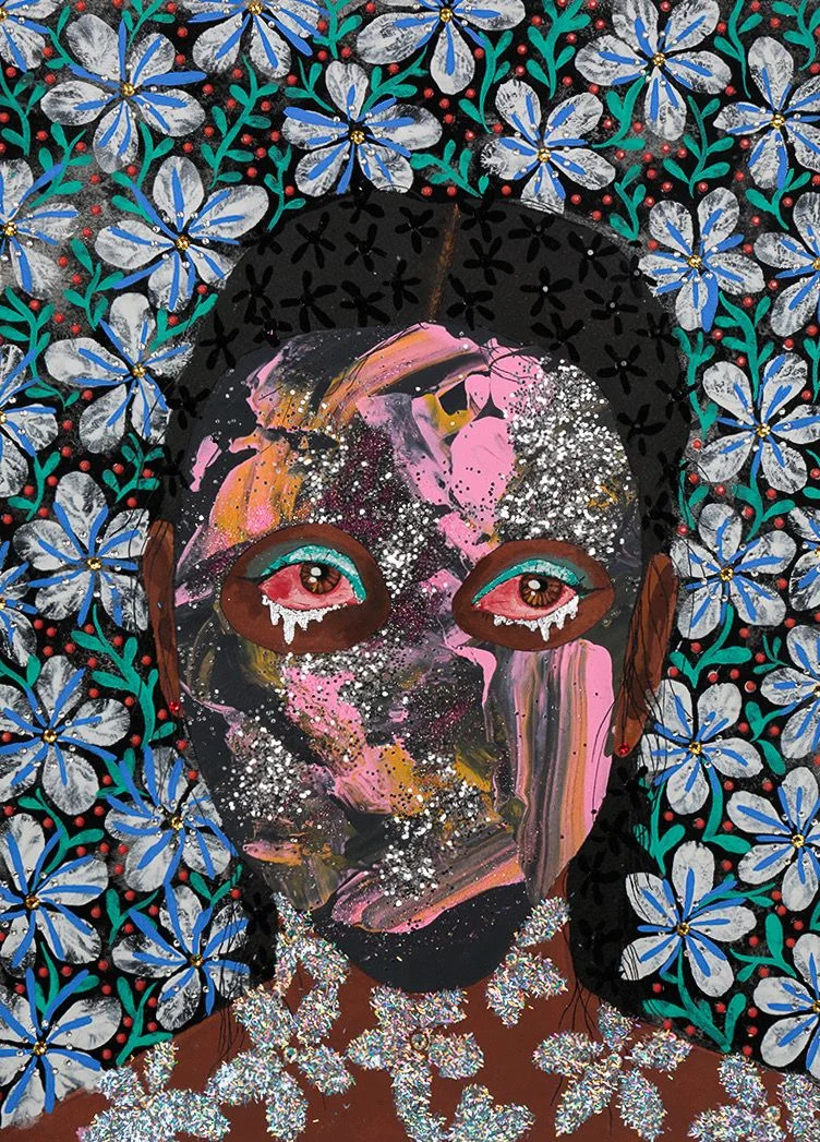 Jasmine Zelaya, Wallflower , 2018, Gouache, Acrylic, Ink, Rhinestones, Glitter and Silver Leaf on Arches Watercolor Paper, 10” x 14”