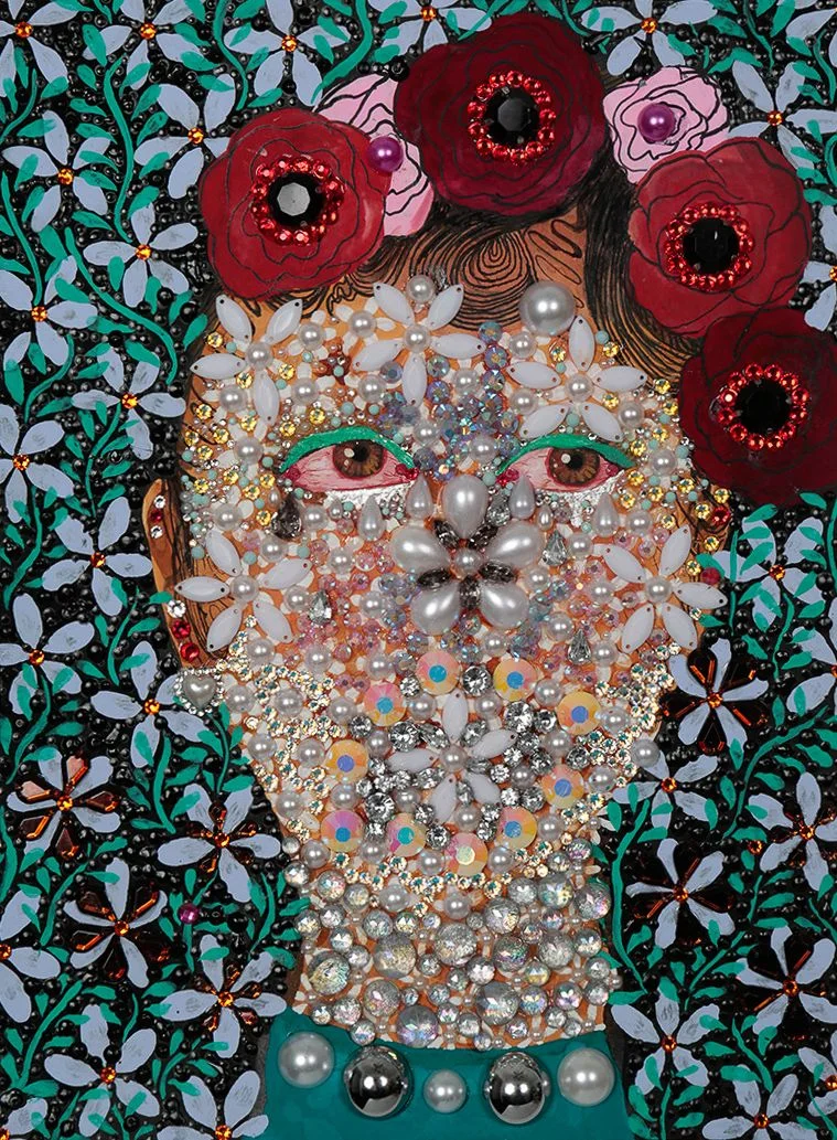 Jasmine Zelaya, Como La Flor , 2018, Gouache, Ink, Puff Paint, Rhinestones and Silver Leaf on Arches Watercolor Paper, 9.1” x 12.2”