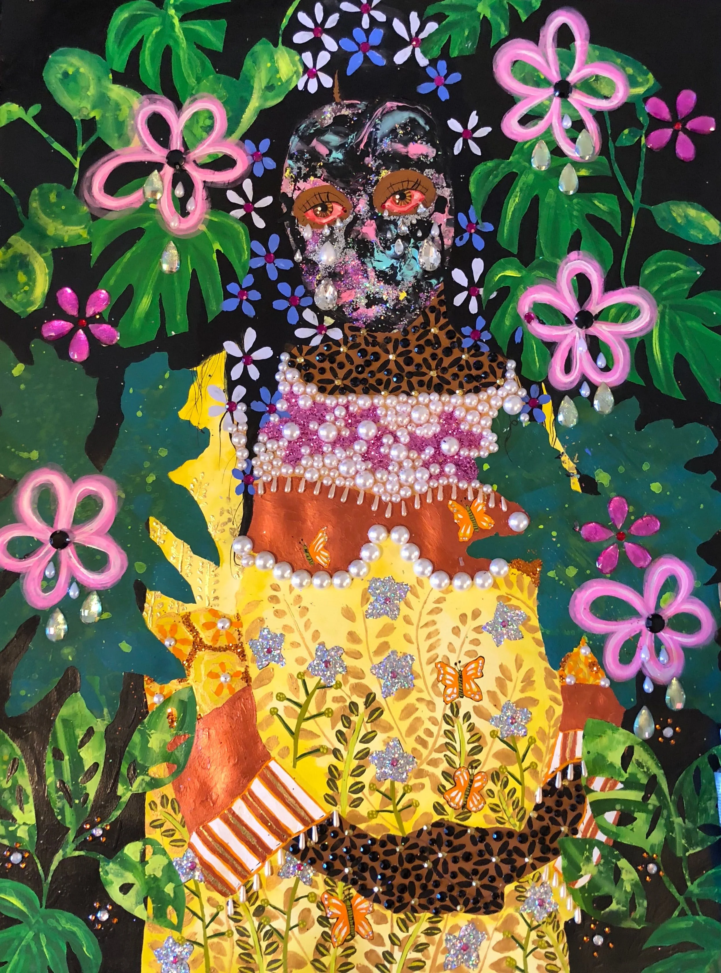 Jasmine Zelaya, Thoughts of Motherhood , 2018, Gouache, Acrylic, Ink, Rhinestones, Glitter and Gold Leaf on Arches Watercolor Paper, 22” x 30”