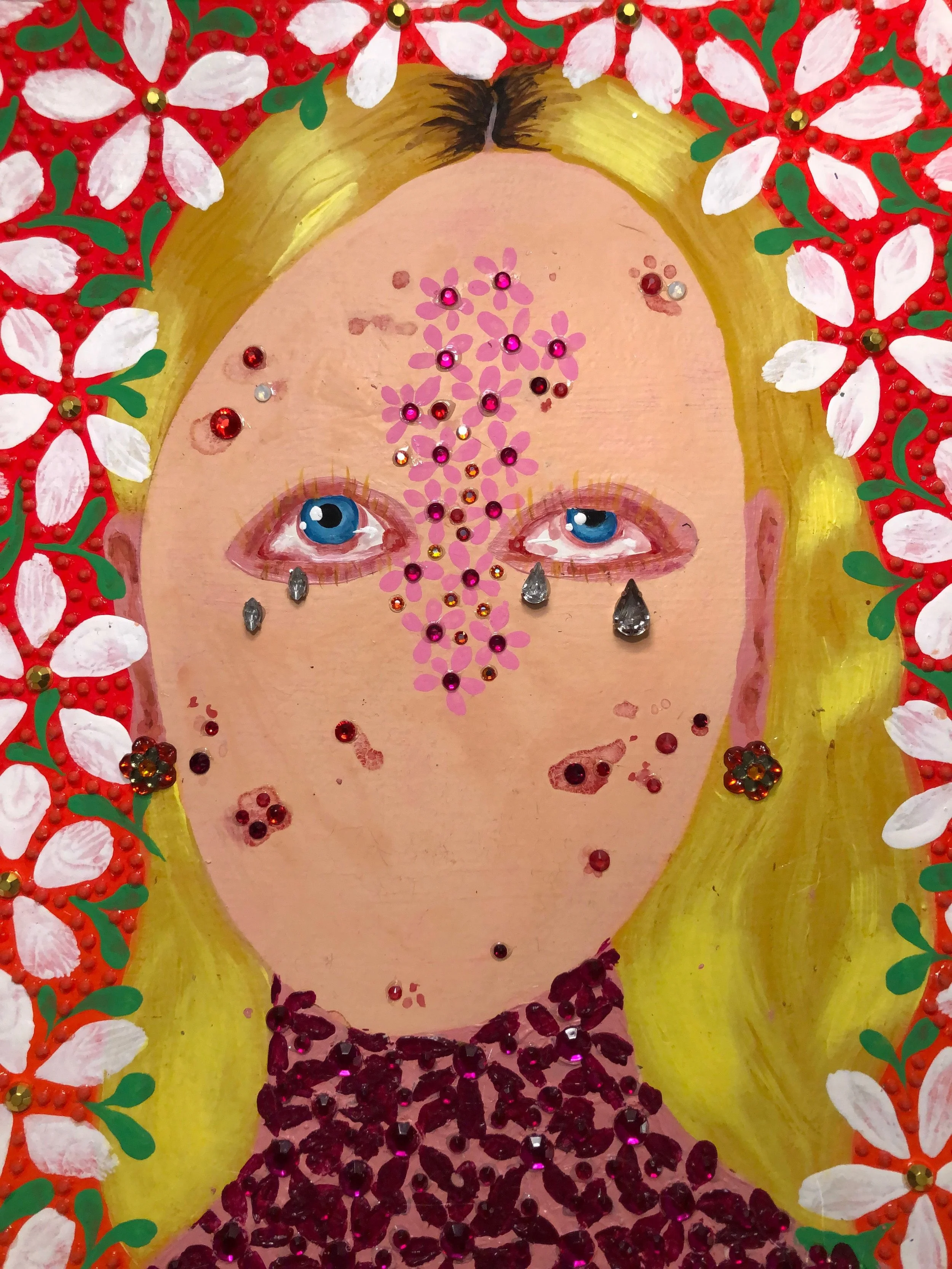 Jasmine Zelaya, Adolescence , 2019, Gouache, Acrylic, Ink and Rhinestones on Watercolor paper, 12” x 12”