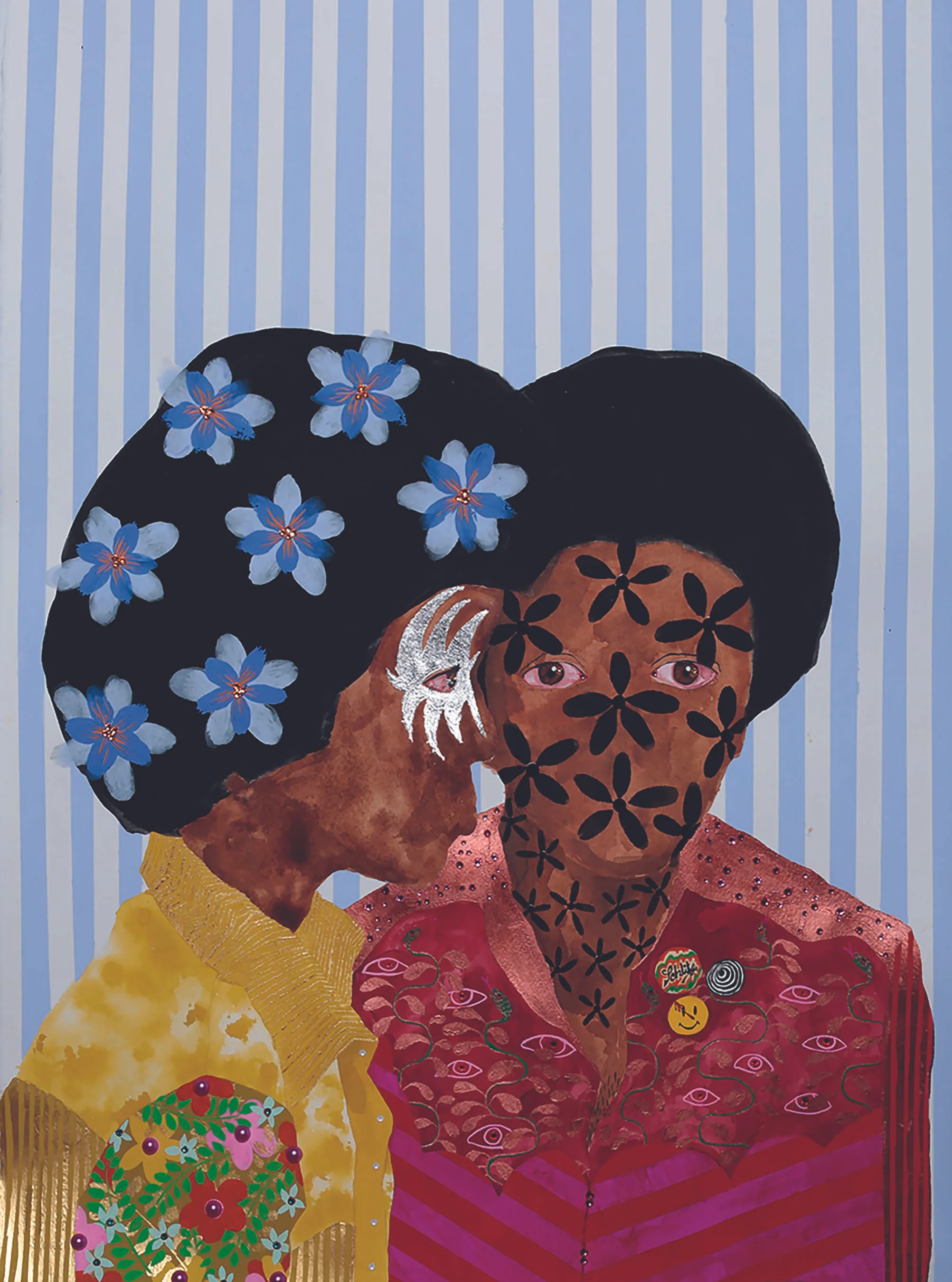 Jasmine Zelaya, Fan Boys ., 2017, Gouache, Silver Leaf, Swarovski Rhinestones, Pearl Flatbacks and ink on Arches Watercolor Paper, 22” x 30”