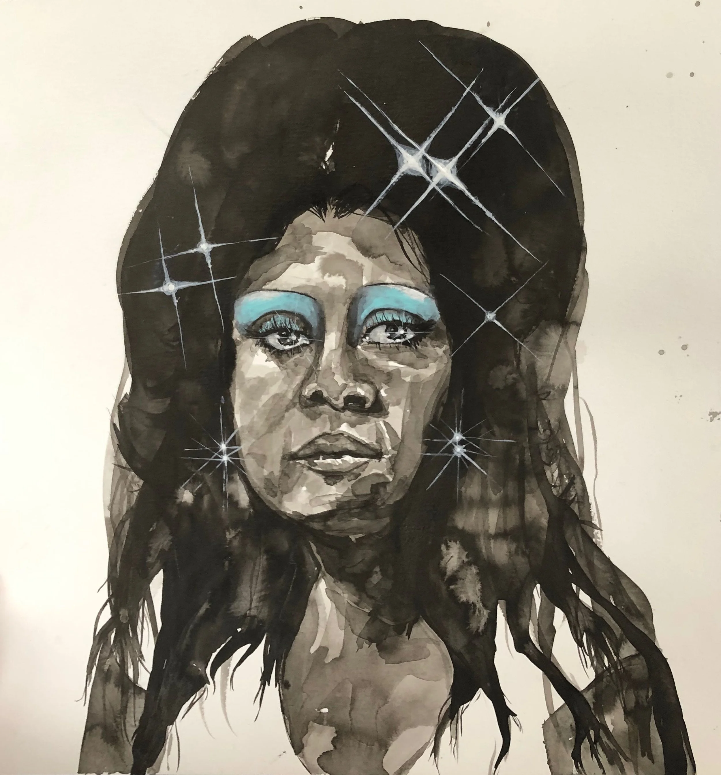 Jasmine Zelaya, Blue Eyes , 2019, Ink on Watercolor Paper, 16" x 16"