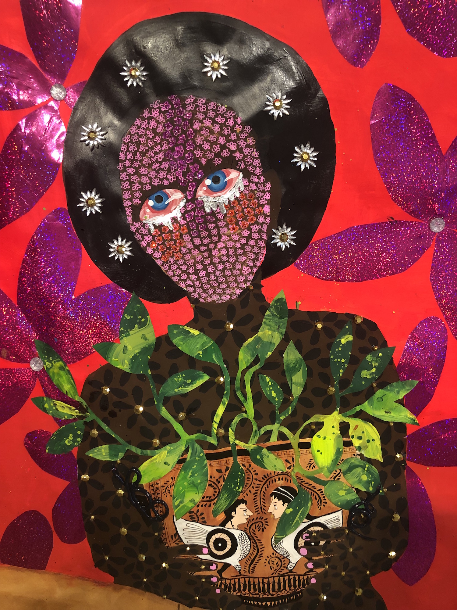 Jasmine Zelaya, Title, 2019, Gouache, Acrylic, Ink, Rhinestones and Glitter on Arches Watercolor Paper, 22” x 30”