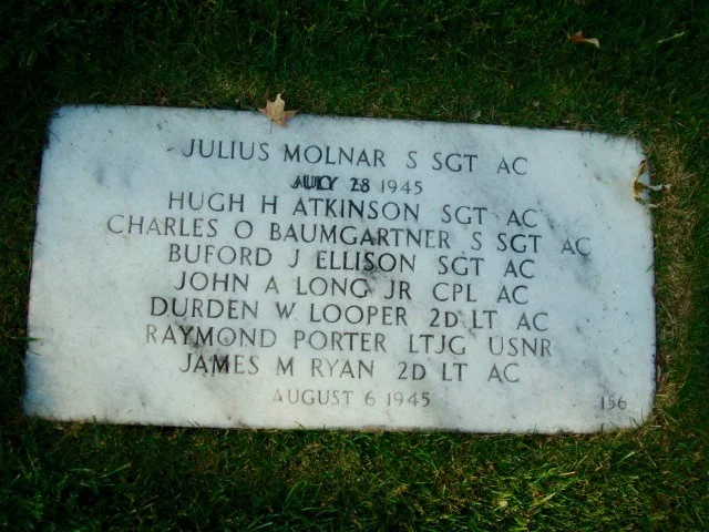 The gravestone of the US flyers who were killed by the A-Bomb, which is in the National Cemetery in St. Louis, Missouri.