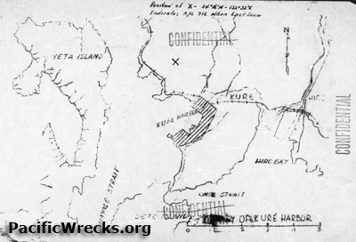 Position "X" indicates A/C 716 when last seen. However, the Taloa crash site is west of Hiroshima, near a current day golf course. This map may indicate the crash site of a different aircraft. 