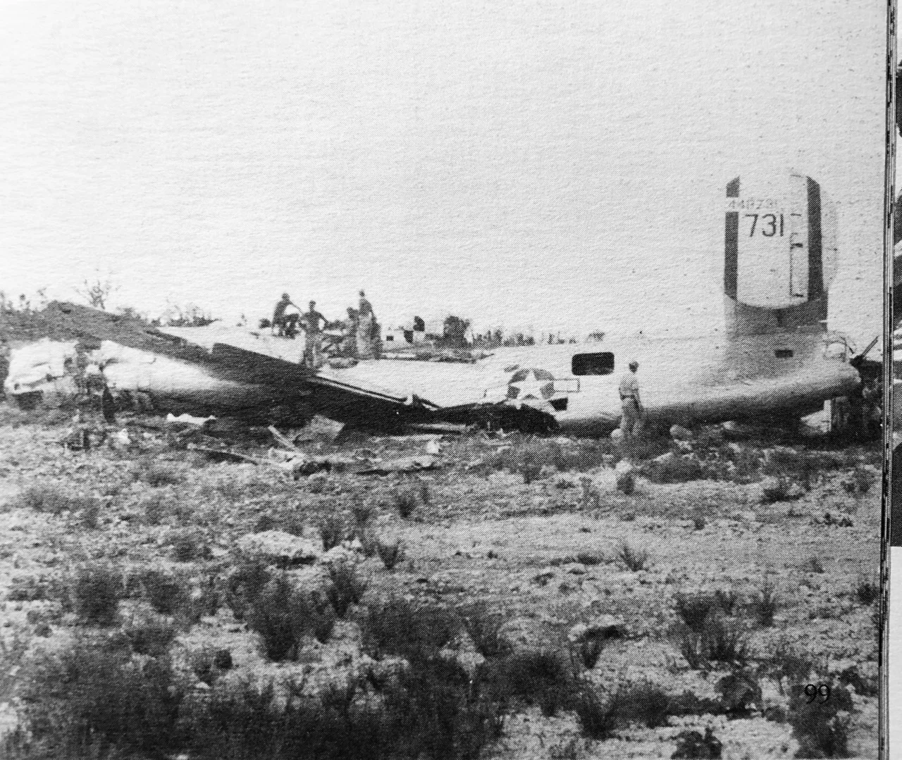 The wreckage on Angaur, Palau, of Joe Dubinsky's crew's B-24 " 'Til Then ". Although other crashes at and near this airfield resulted in fatalities, this was noted by a unit historian as perhaps the most dramatic crash. Rolf Slen chuckles over Turek's account of the joy-riding marines bailing out onto the runway before the skid was complete.