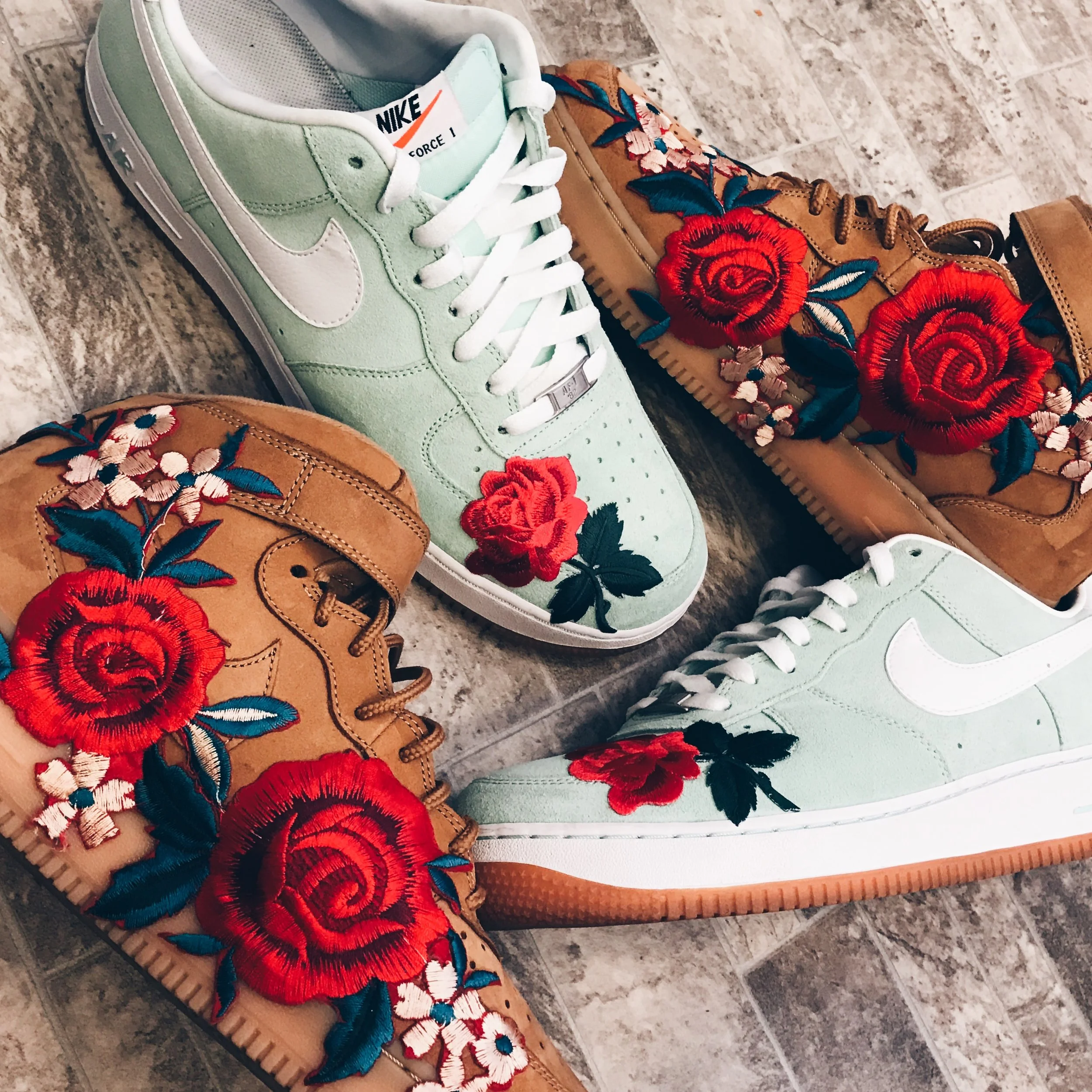 "Flax" & "Seafoam" Nike Air Force ones. Embroidered with Roses