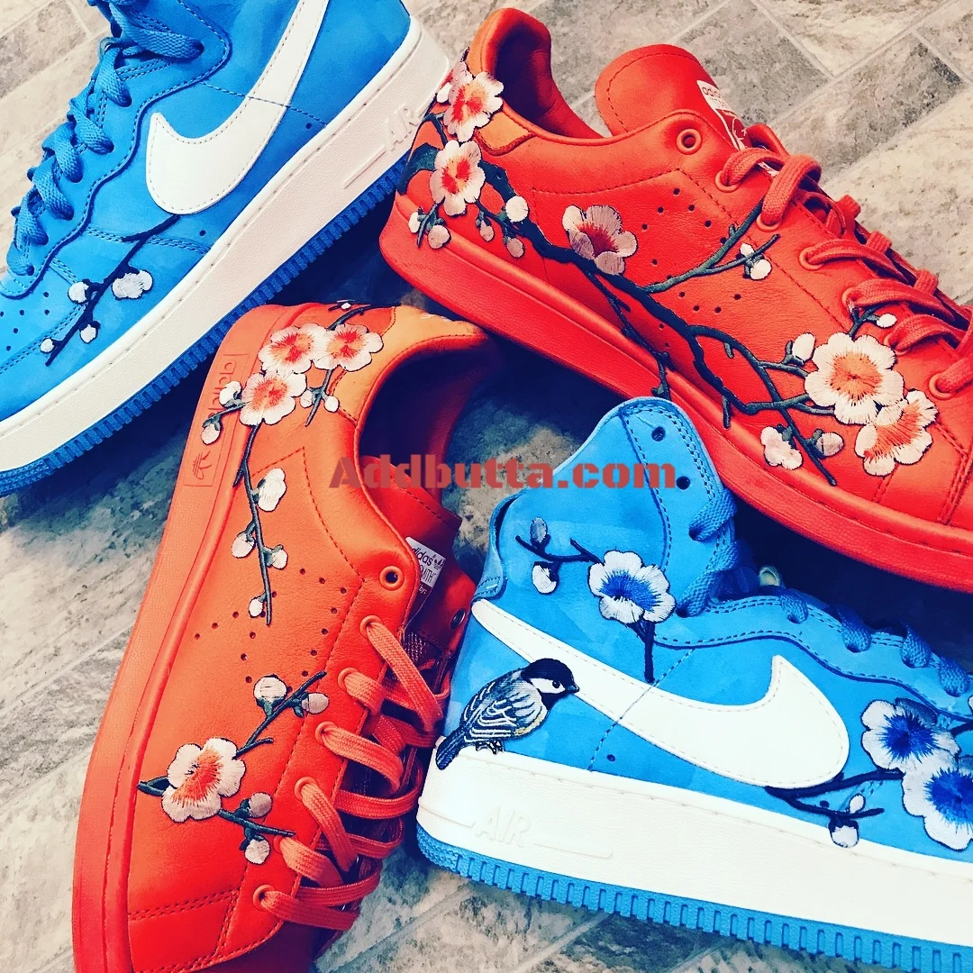 Raf Stans Smiths & Carolina AF1 Custom Plum Blossom Embroidery 