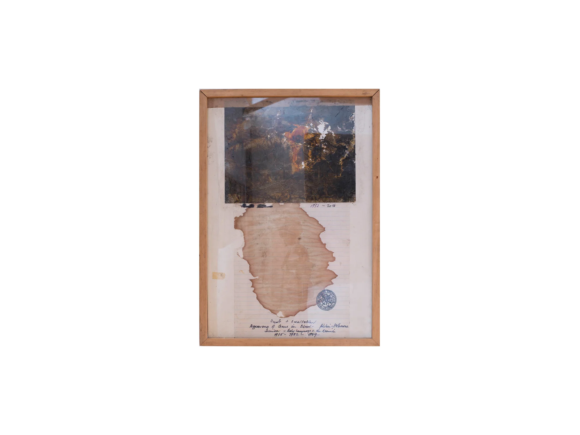 Bernhard Sachs Appearance of Jesus in a bloodstain in Berlin and Melbourne, 1975 - 2016 , 2016 mixed media on photograph on paper 46 x 33c ARTIST BIO