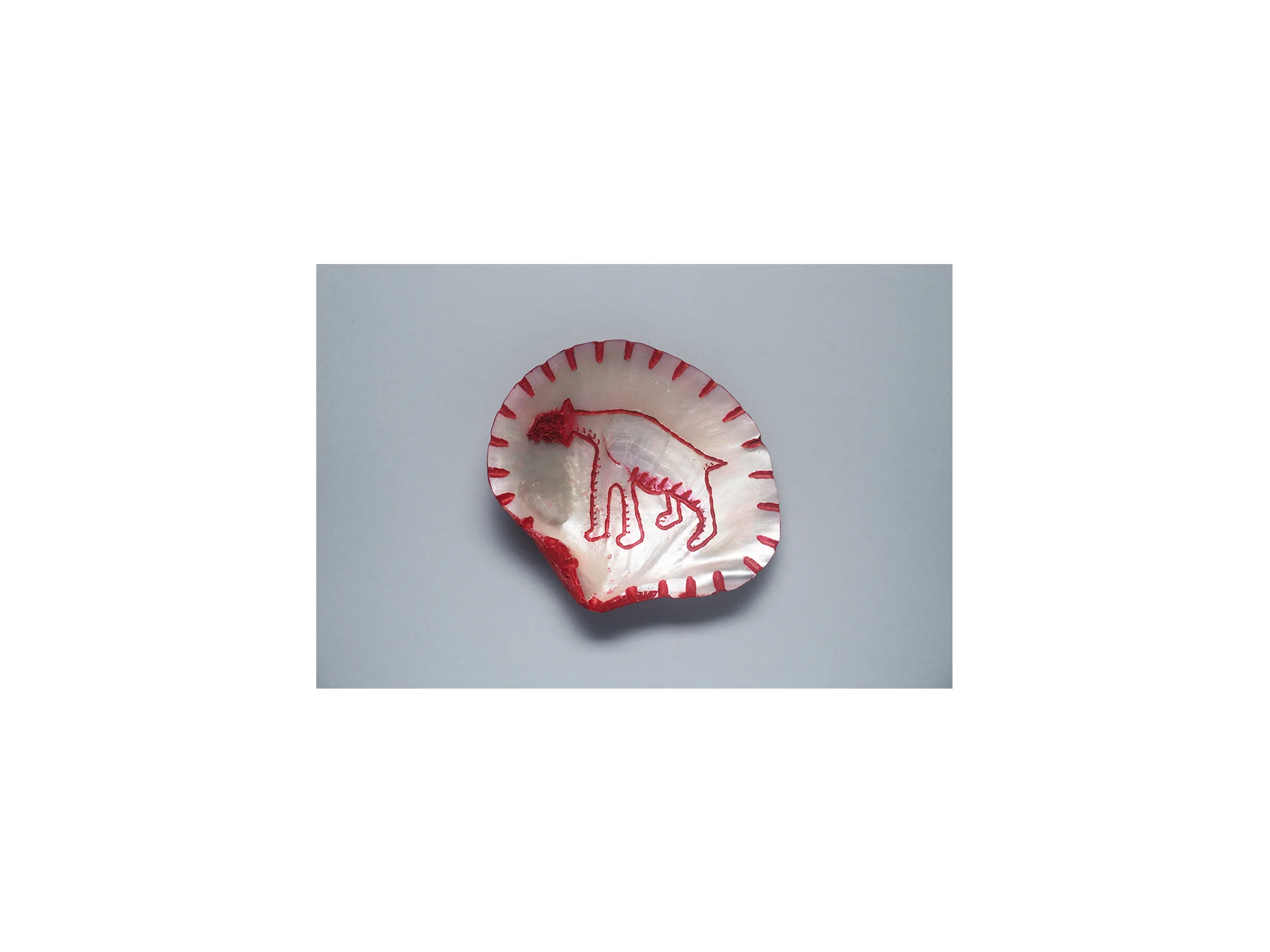 Stephen Eastaugh S.W.A.T.T. Scholarly Weapon and Tactic Toys, 2016 etched pearl shell, cotton and silk thread 12 x 13cm ARTIST BIO