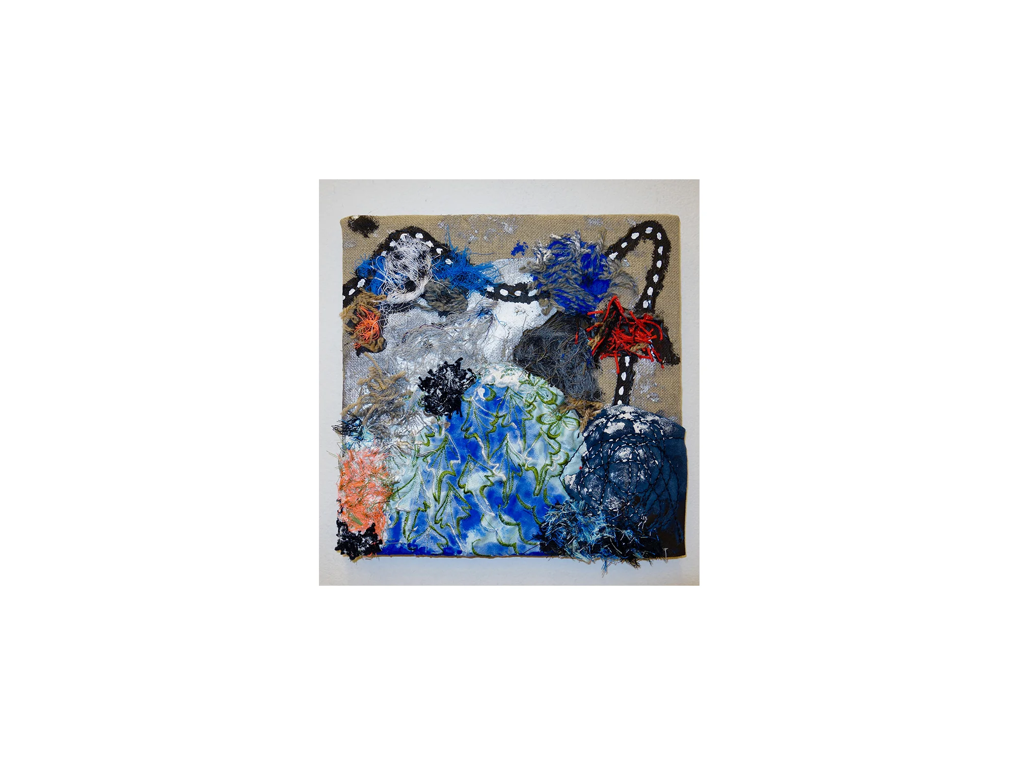 Stephen Eastaugh The Long Narrow Road To The Deep North (Homage to Basho) , 2017 acrylic, leather, wool, cotton, thread on belgian linen 23 x 23 cm ARTIST BIO