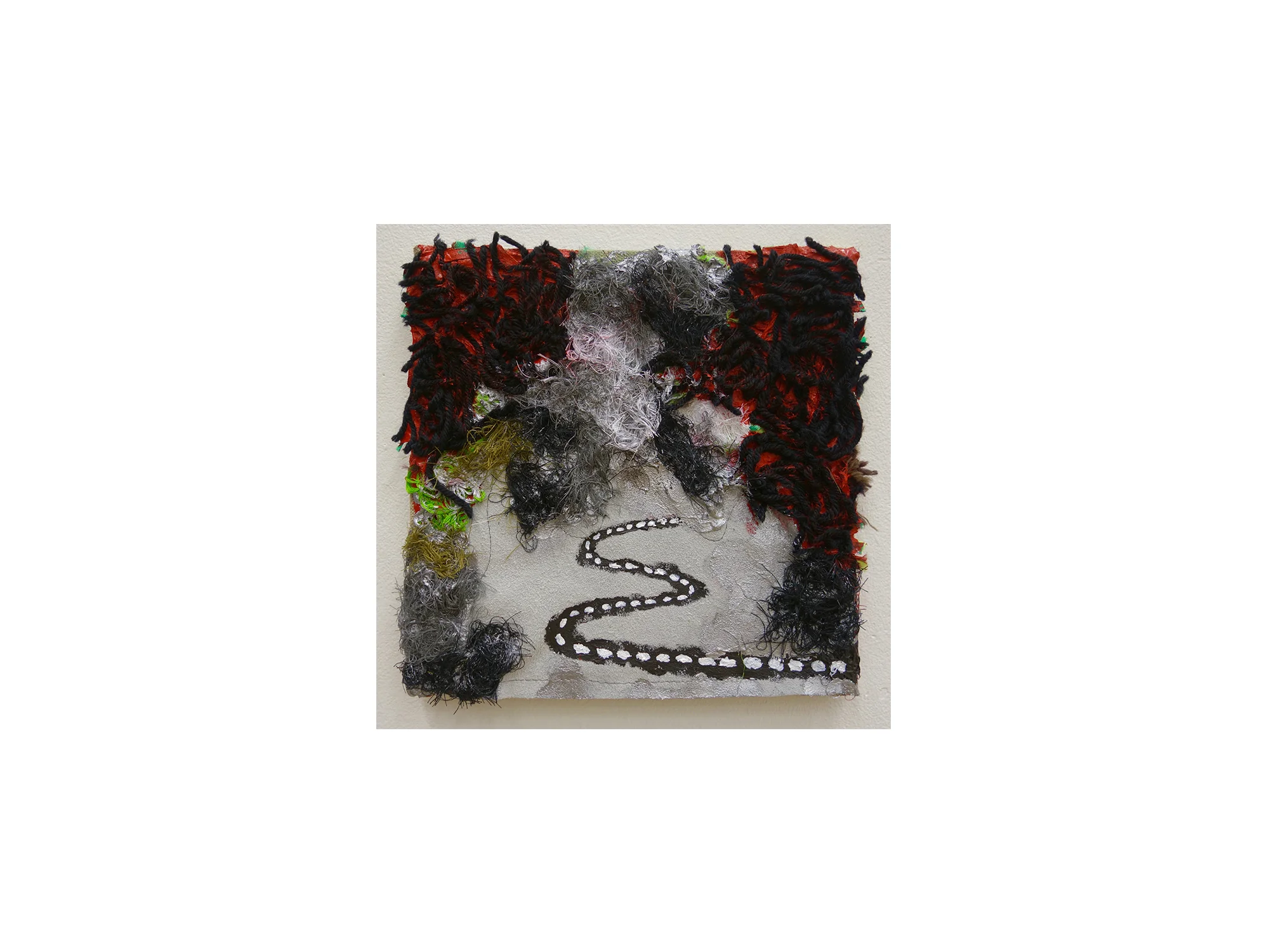 Stephen Eastaugh The Long Narrow Road To The Deep North (Homage to Basho) , 2017 acrylic, leather, wool, cotton, thread on belgian linen 23 x 23 cm ARTIST BIO