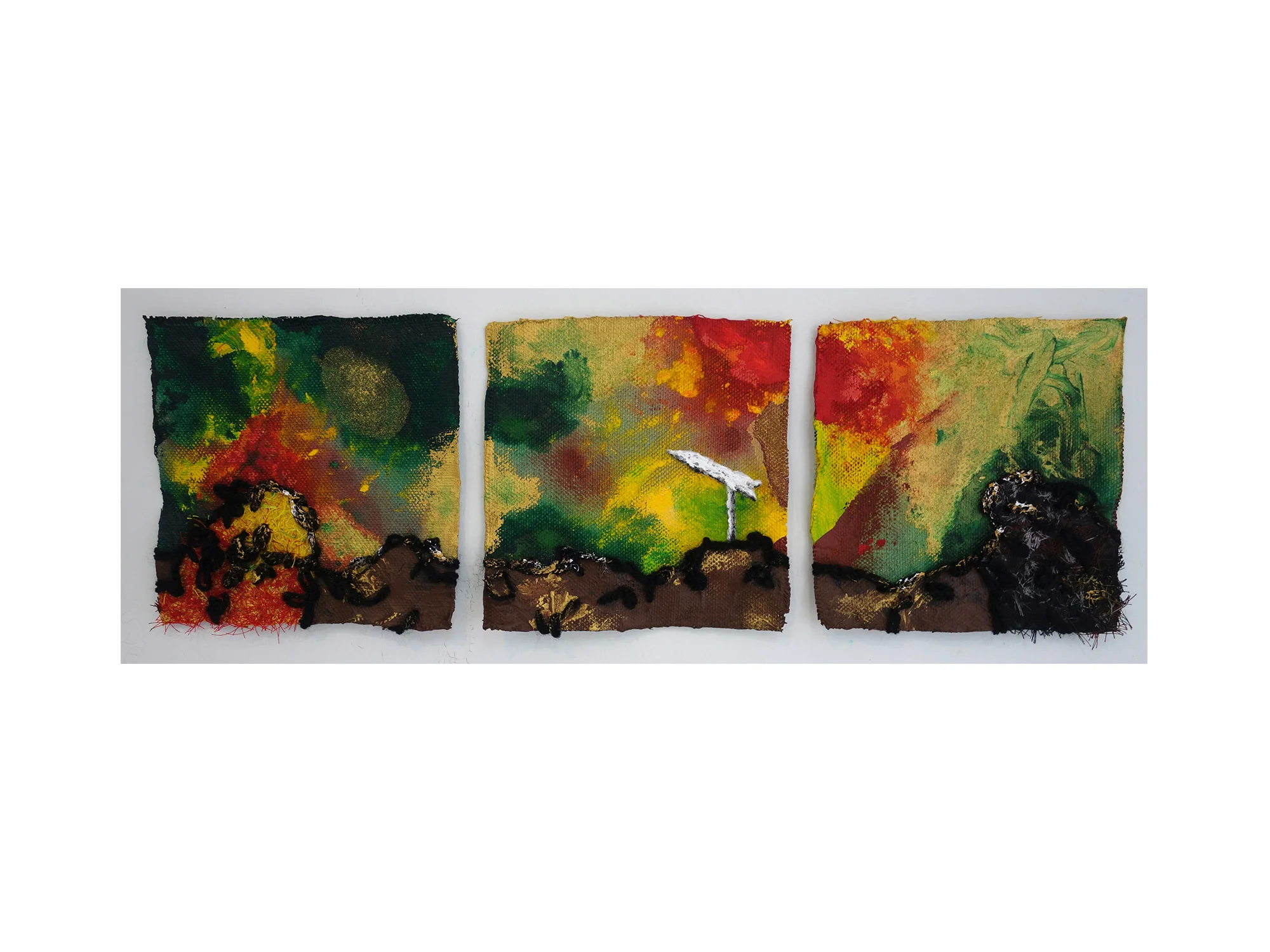 Stephen Eastaugh We Will Know When We Get There (Landscape Lah) , 2017 cotton, silk thread, wool, acrylic on belgian linen 25 x 58 cm (triptych) ARTIST BIO