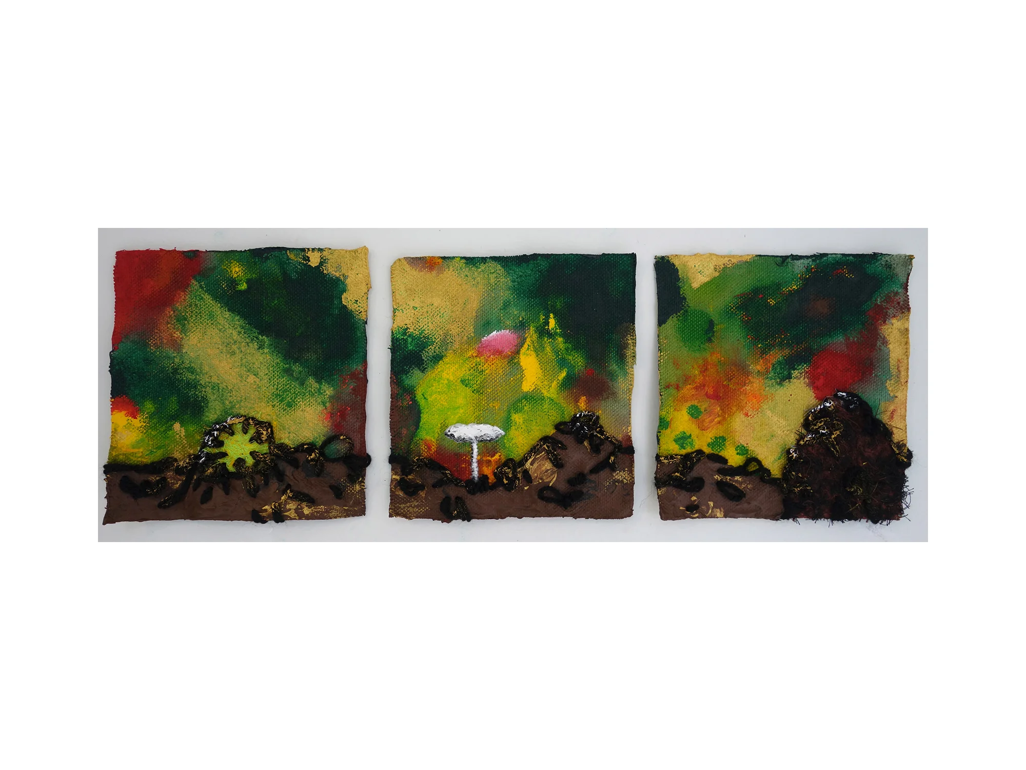 Stephen Eastaugh We Will Know When We Get There (Landscape Lah) , 2017 cotton, silk thread, wool, acrylic on belgian linen 25 x 58 cm (triptych) ARTIST BIO