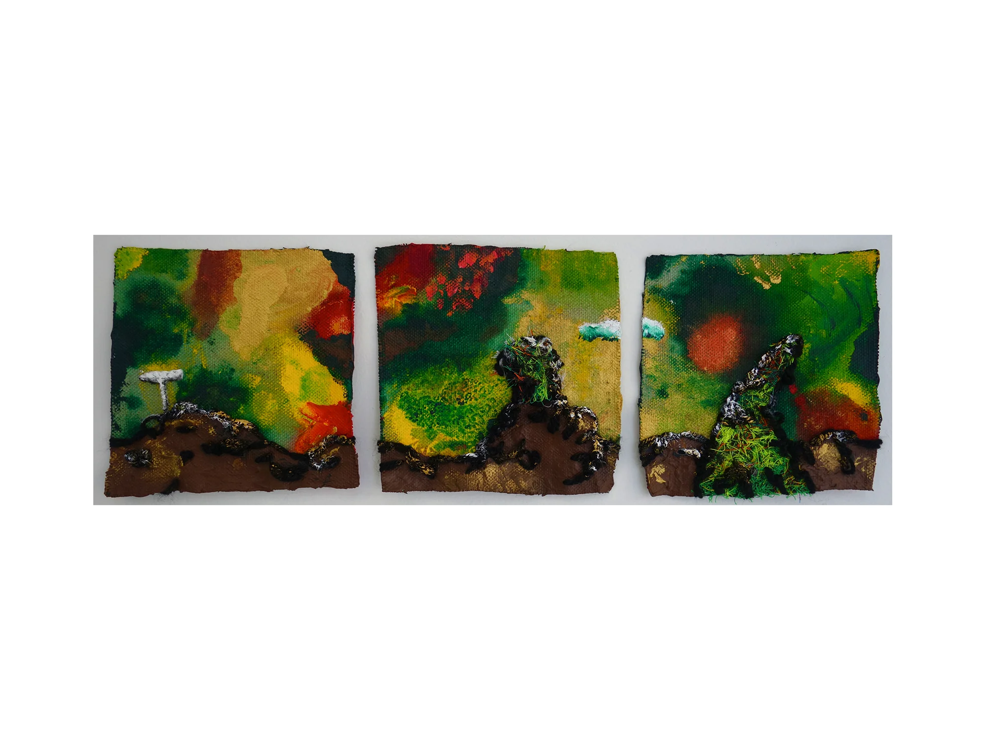 Stephen Eastaugh We Will Know When We Get There (Landscape Lah) , 2017 cotton, silk thread, wool, acrylic on belgian linen 15 x 15 cm (triptych) ARTIST BIO