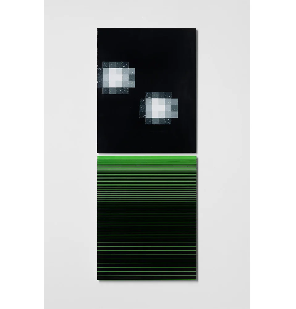 Merric Brettle The Ritual Process 20 Vertically hung diptych automotive paint on mdf 42 x 106 cm