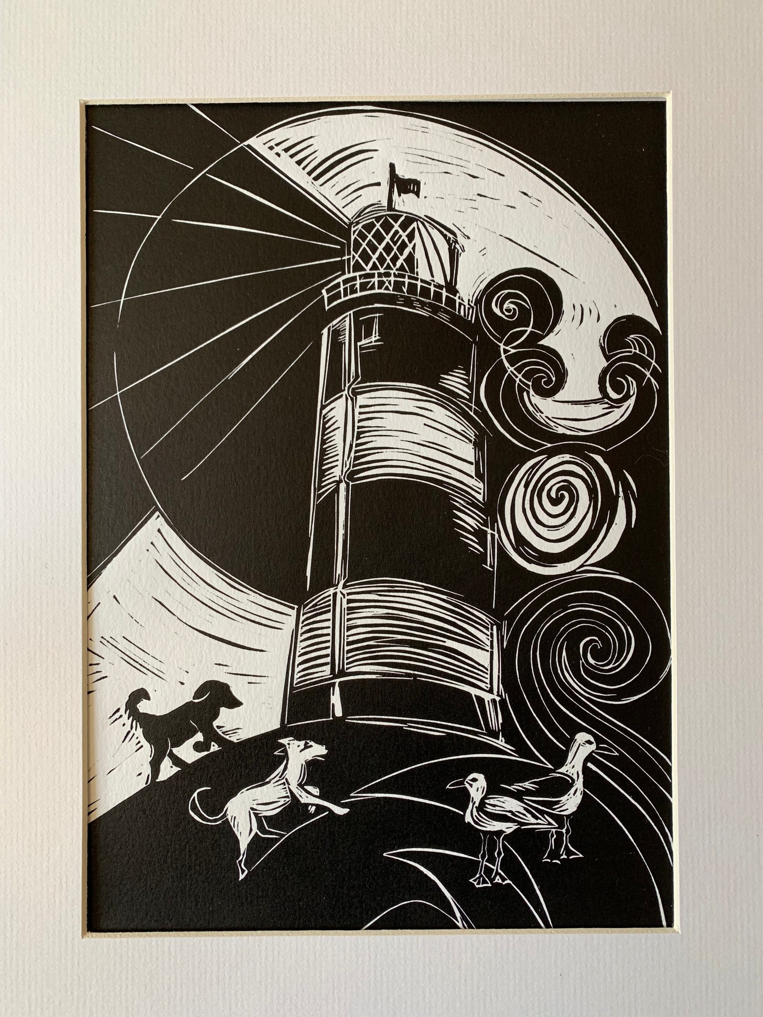 To The Lighthouse, linocut print in black