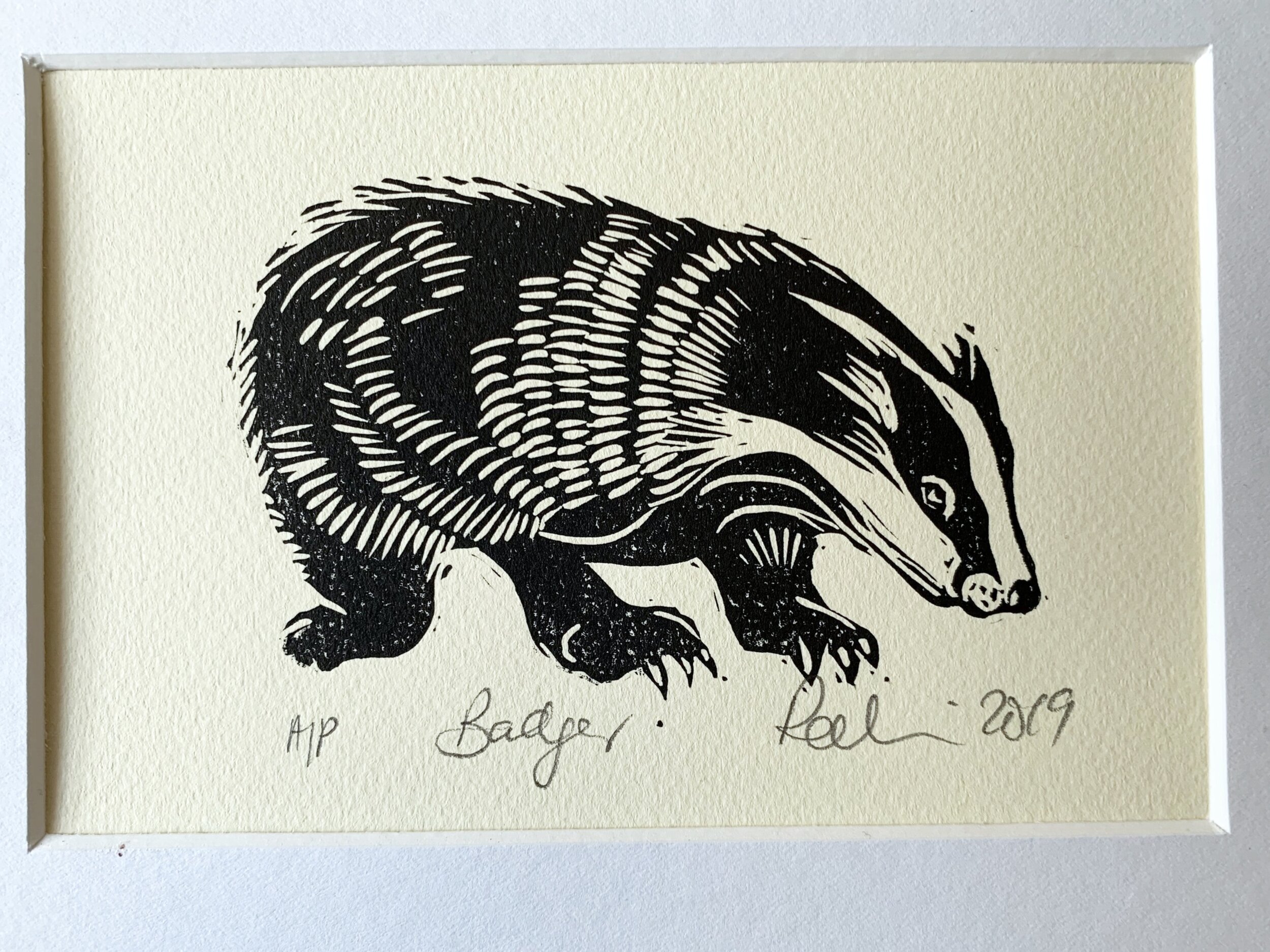 Badger - lino print in black