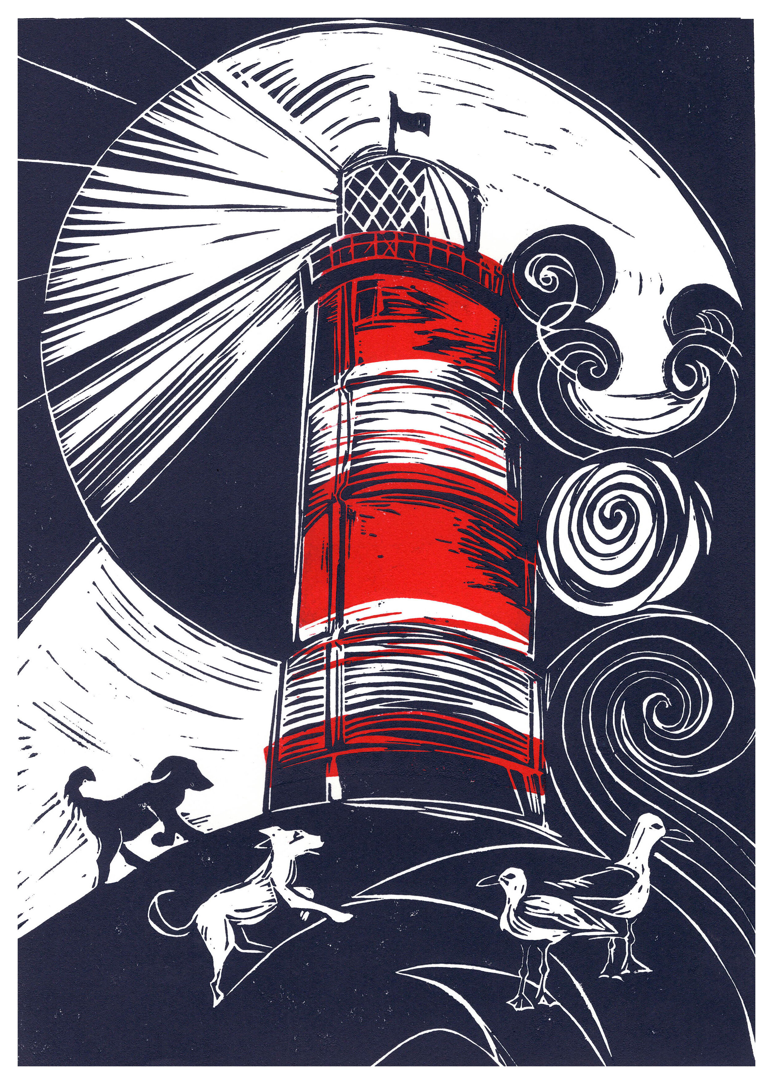 To The Lighthouse blue &amp; red, Linocut print, Hand Printed, Hand Made, original