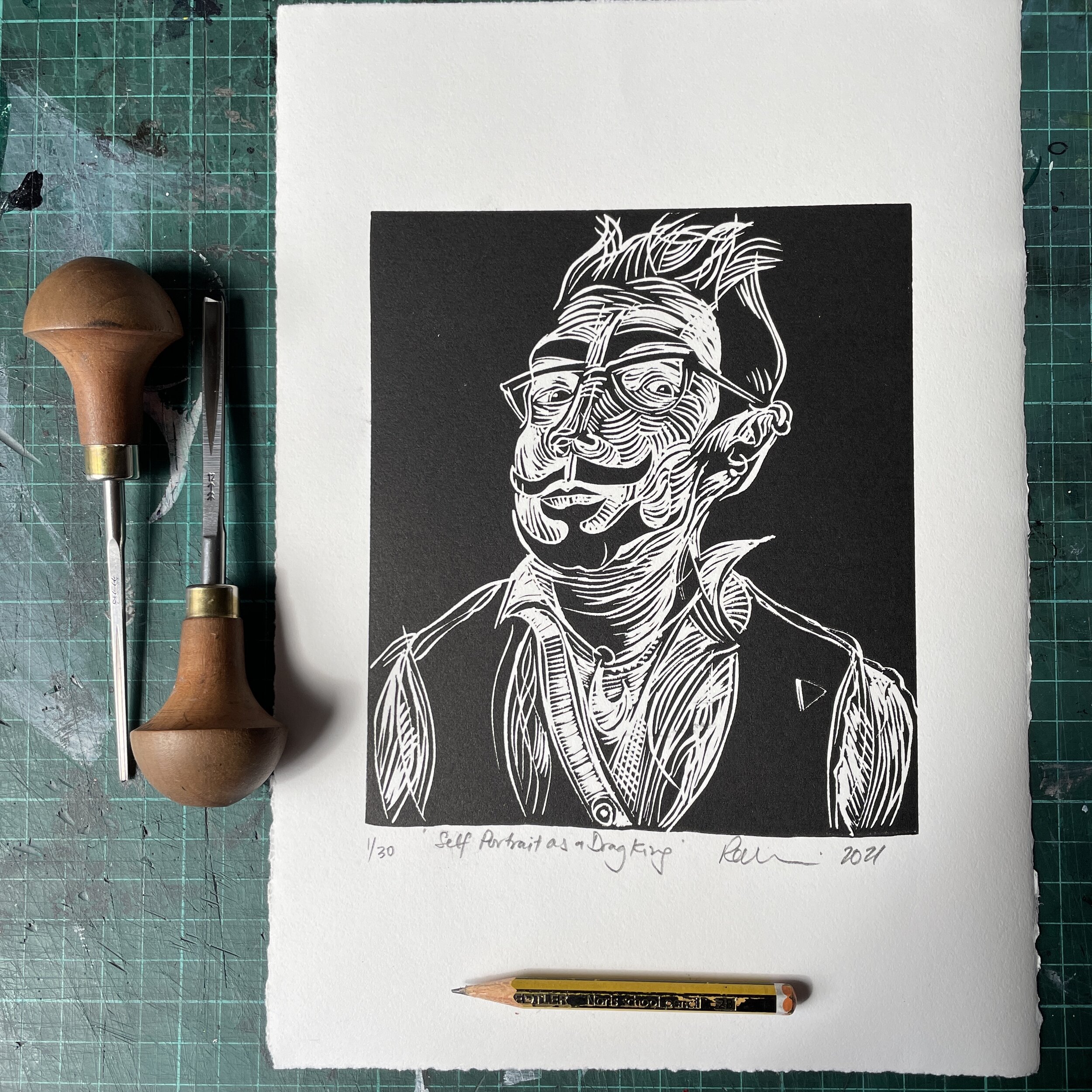 Self Portrait as a Drag King - Linocut