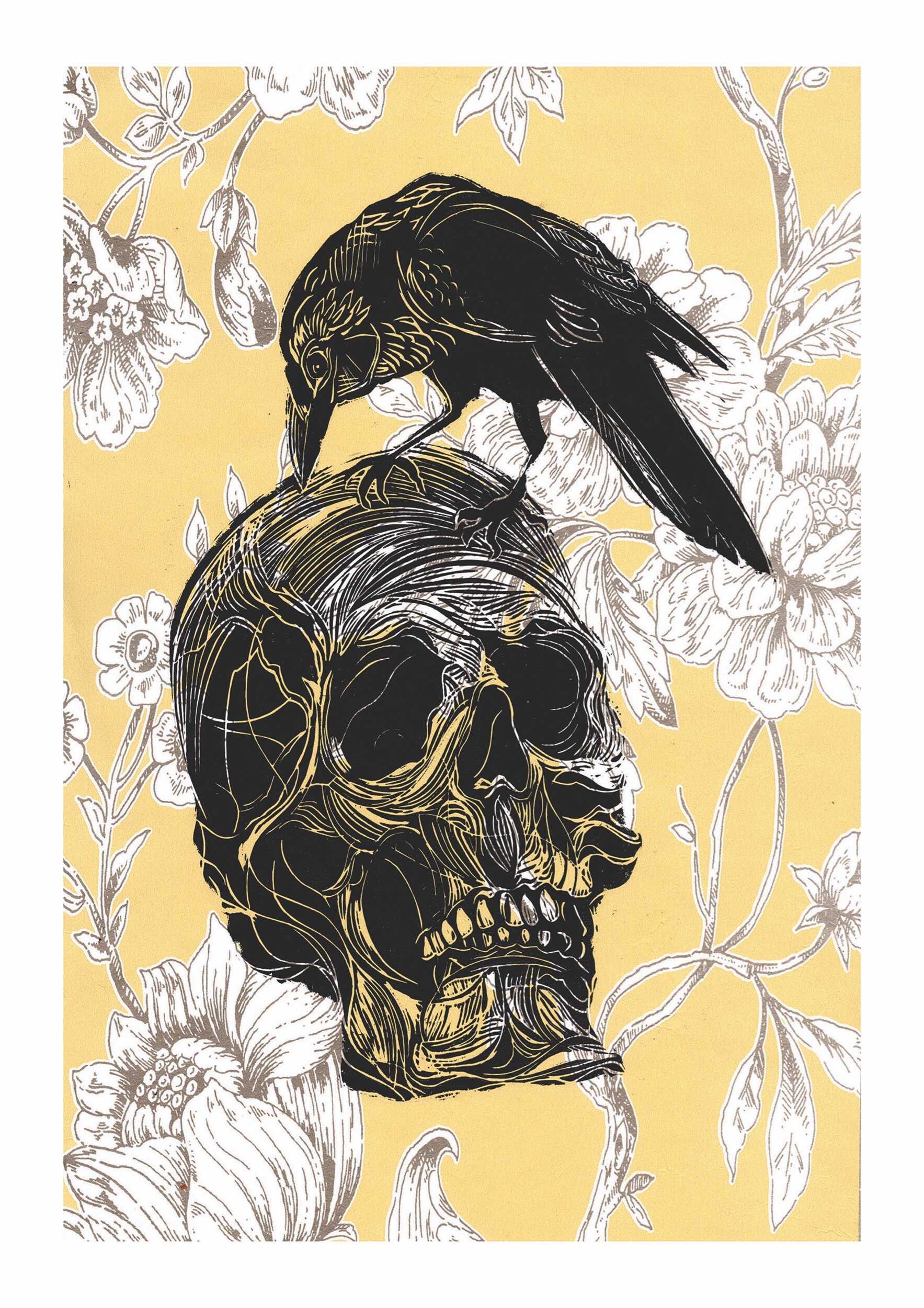 Crow &amp; Skull - Linoprint