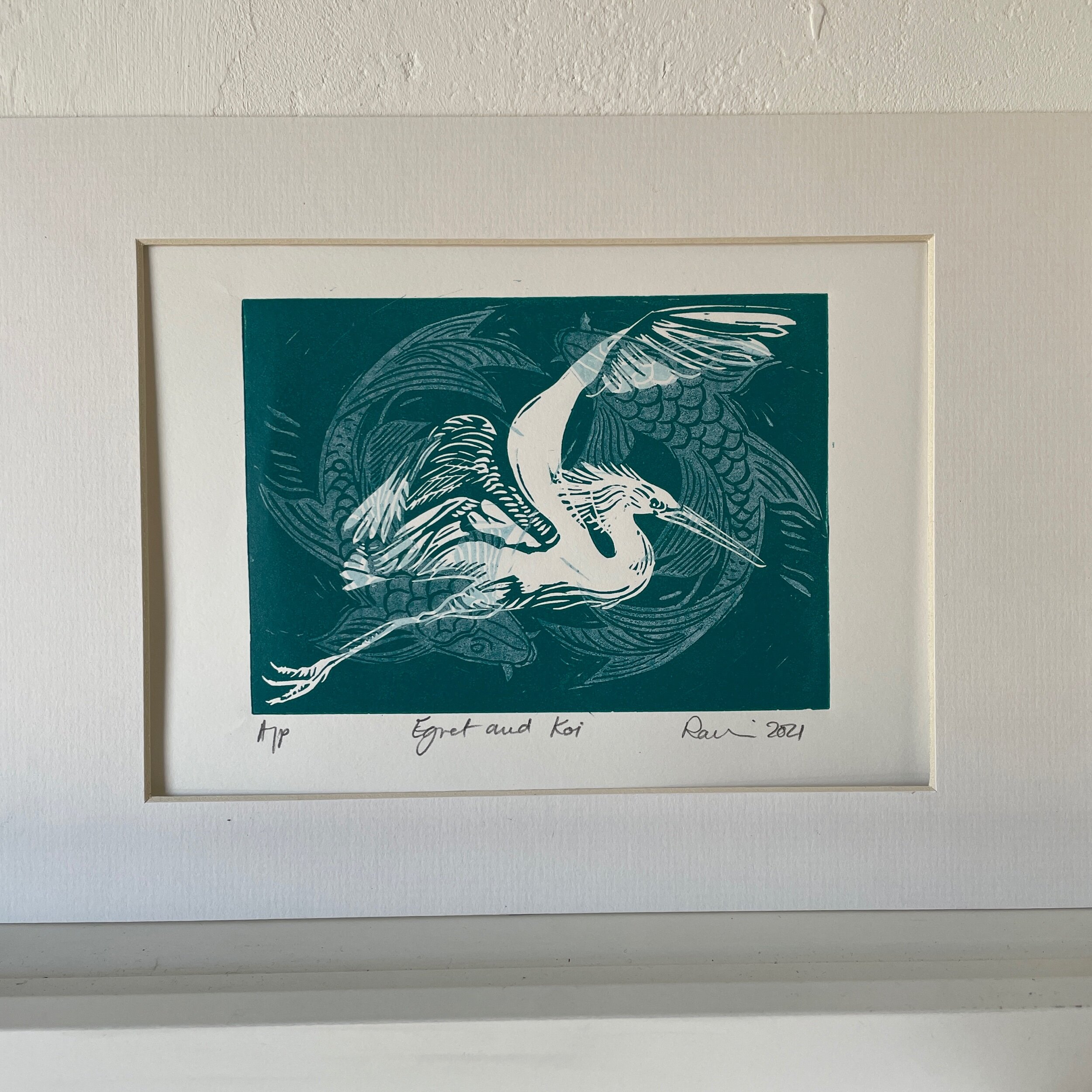 Egret with Koi - linocut print