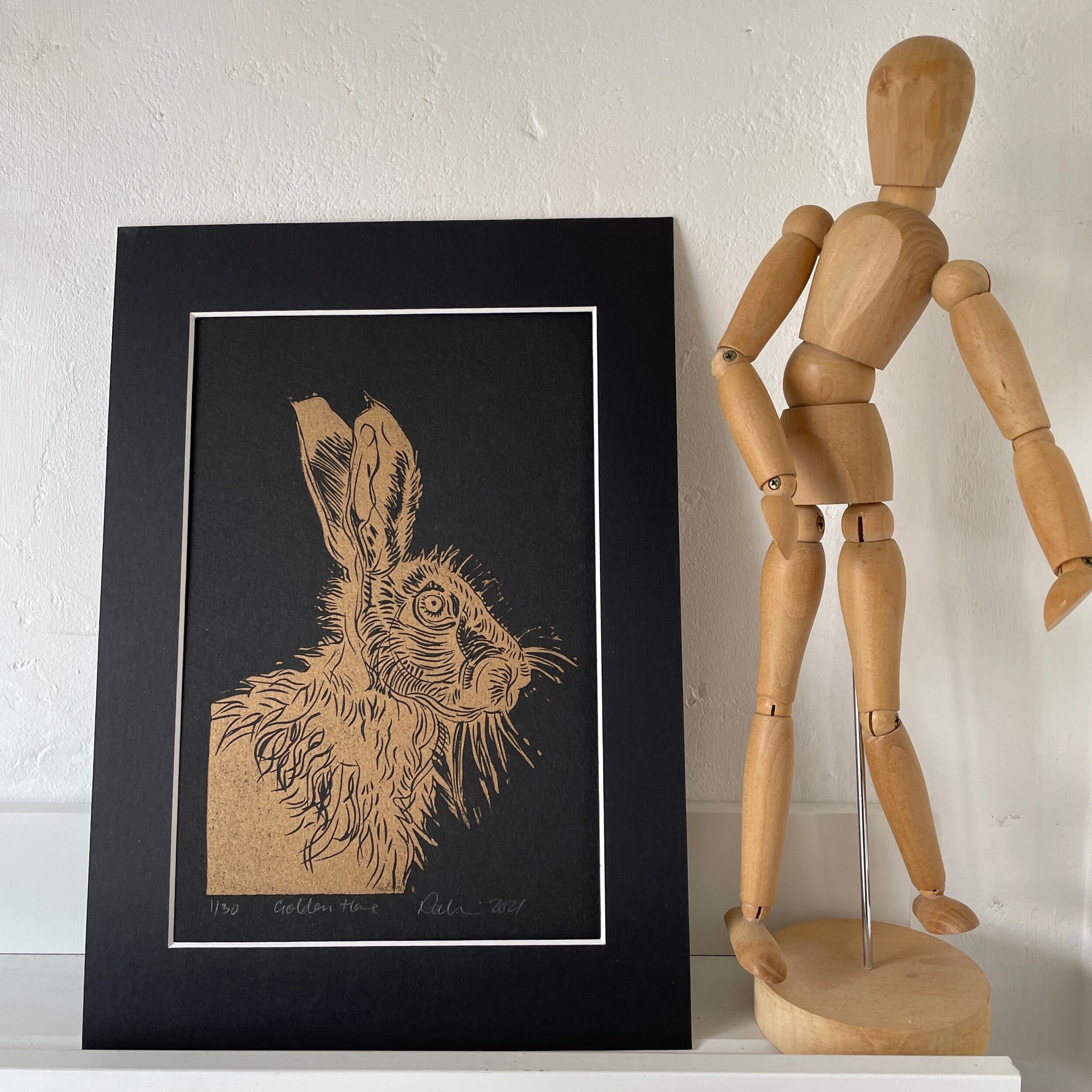 Golden Hare - linocut print