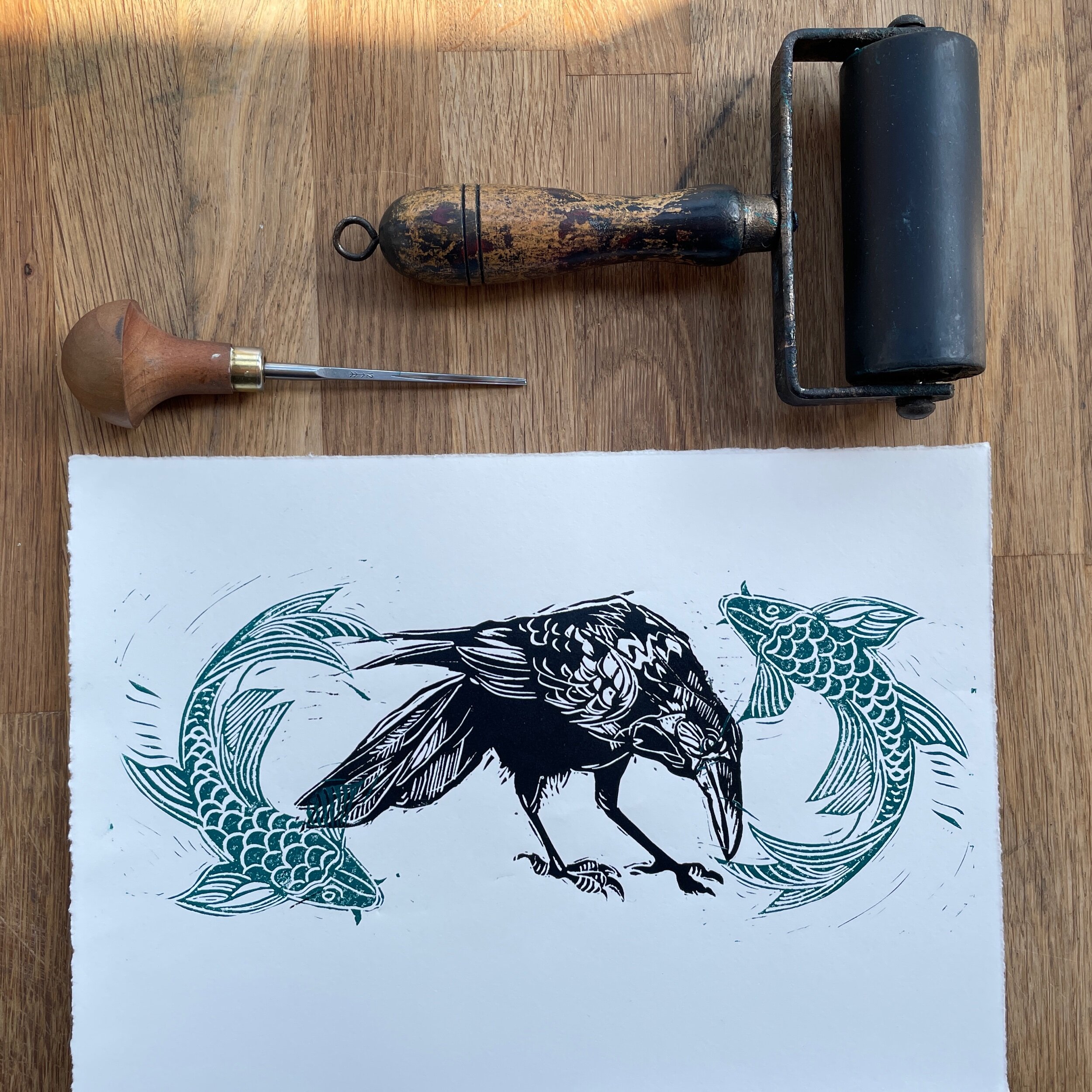 Koi and Crow - Linocut