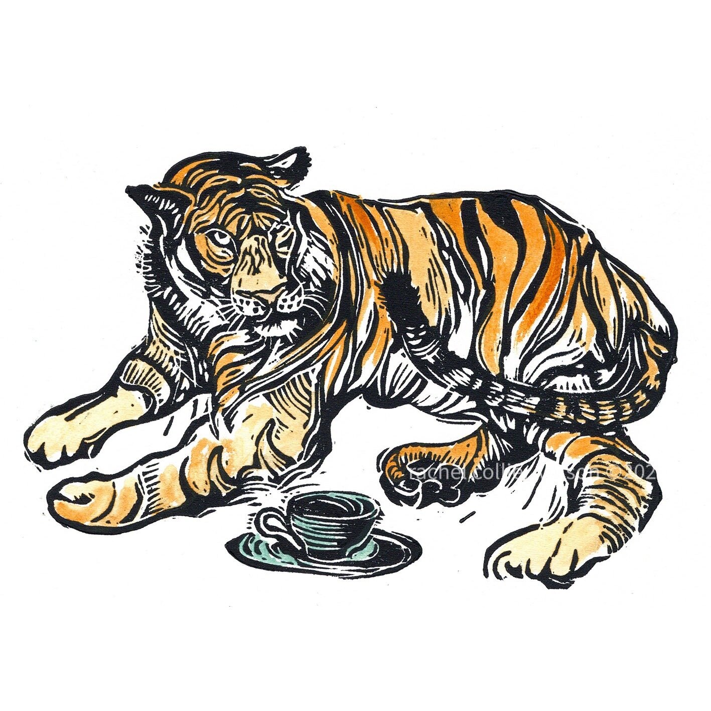 Tiger Tea Time - Hand Coloured Linocut