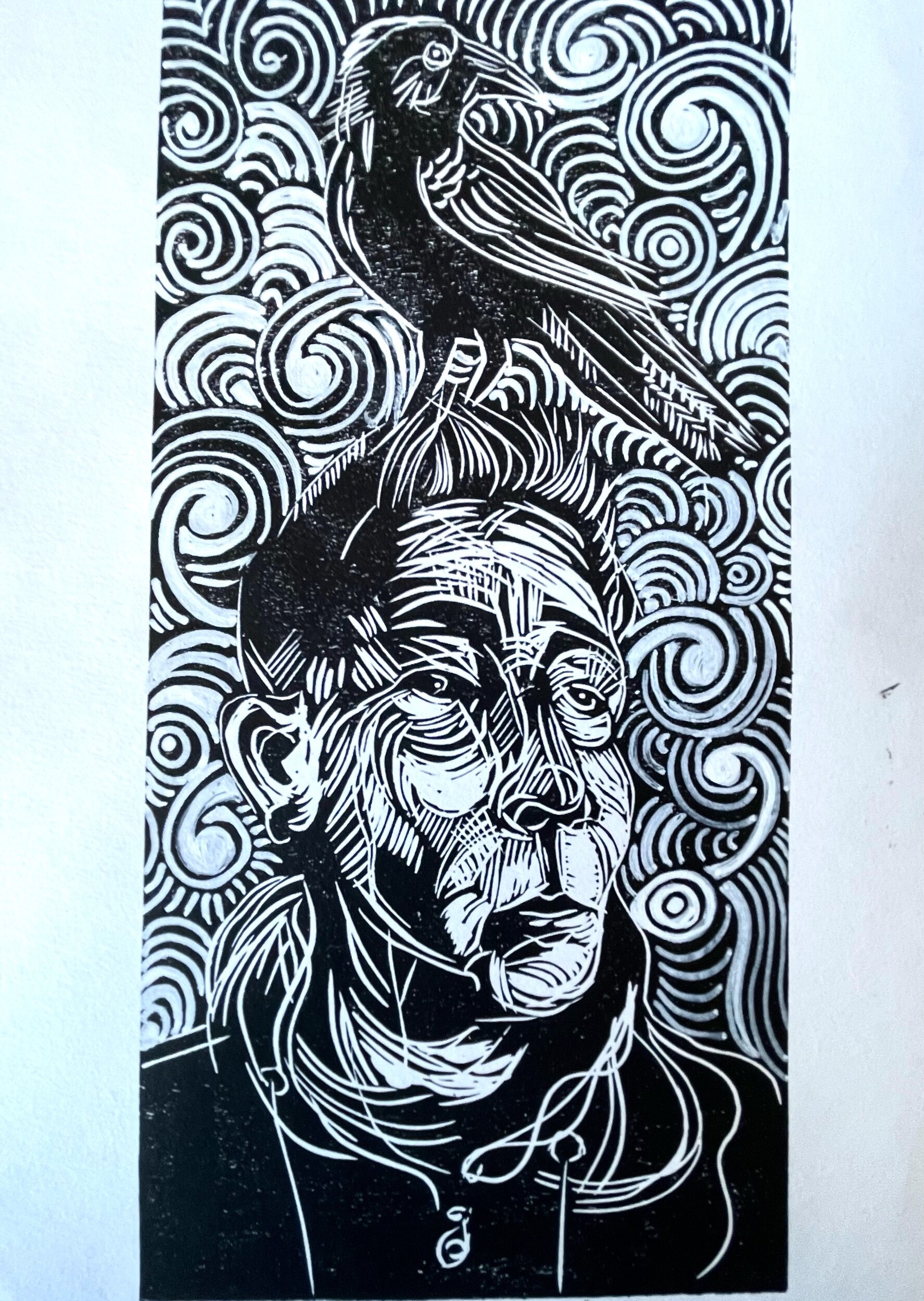 Self portrait with crow - original linocut print