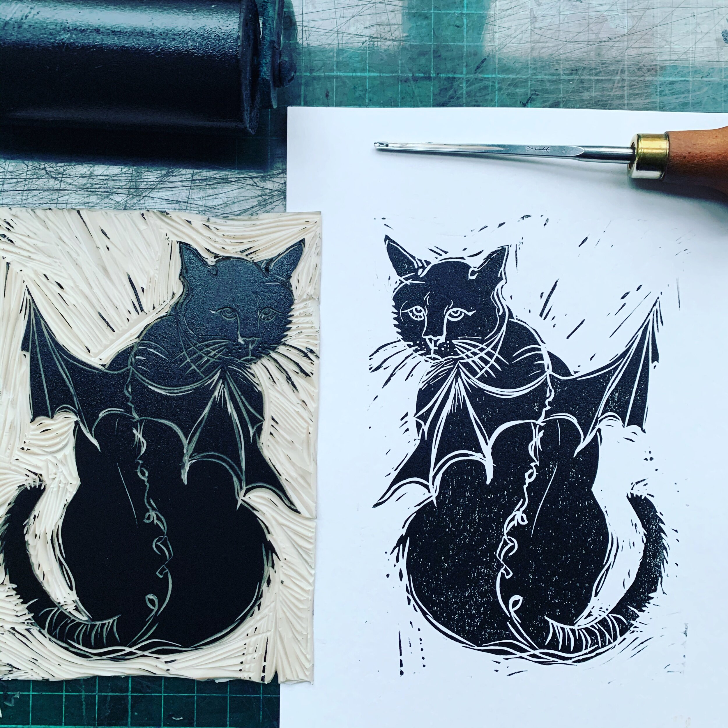 Cat Bat - Linocut