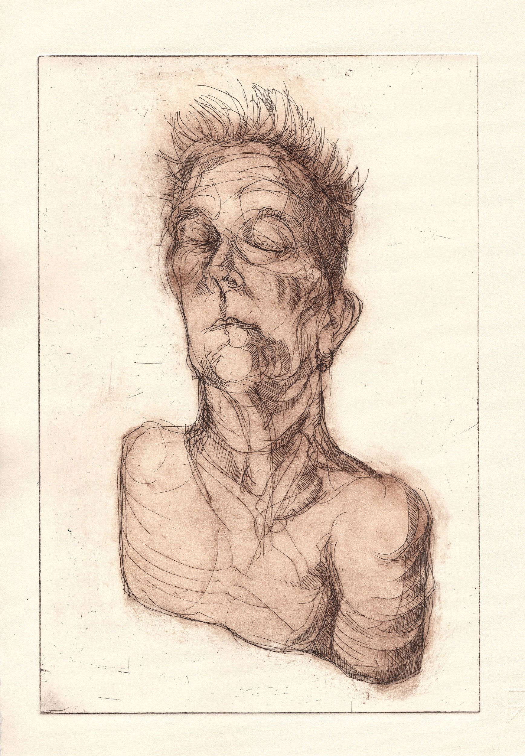 Self portrait as a sculpture bust - etching 