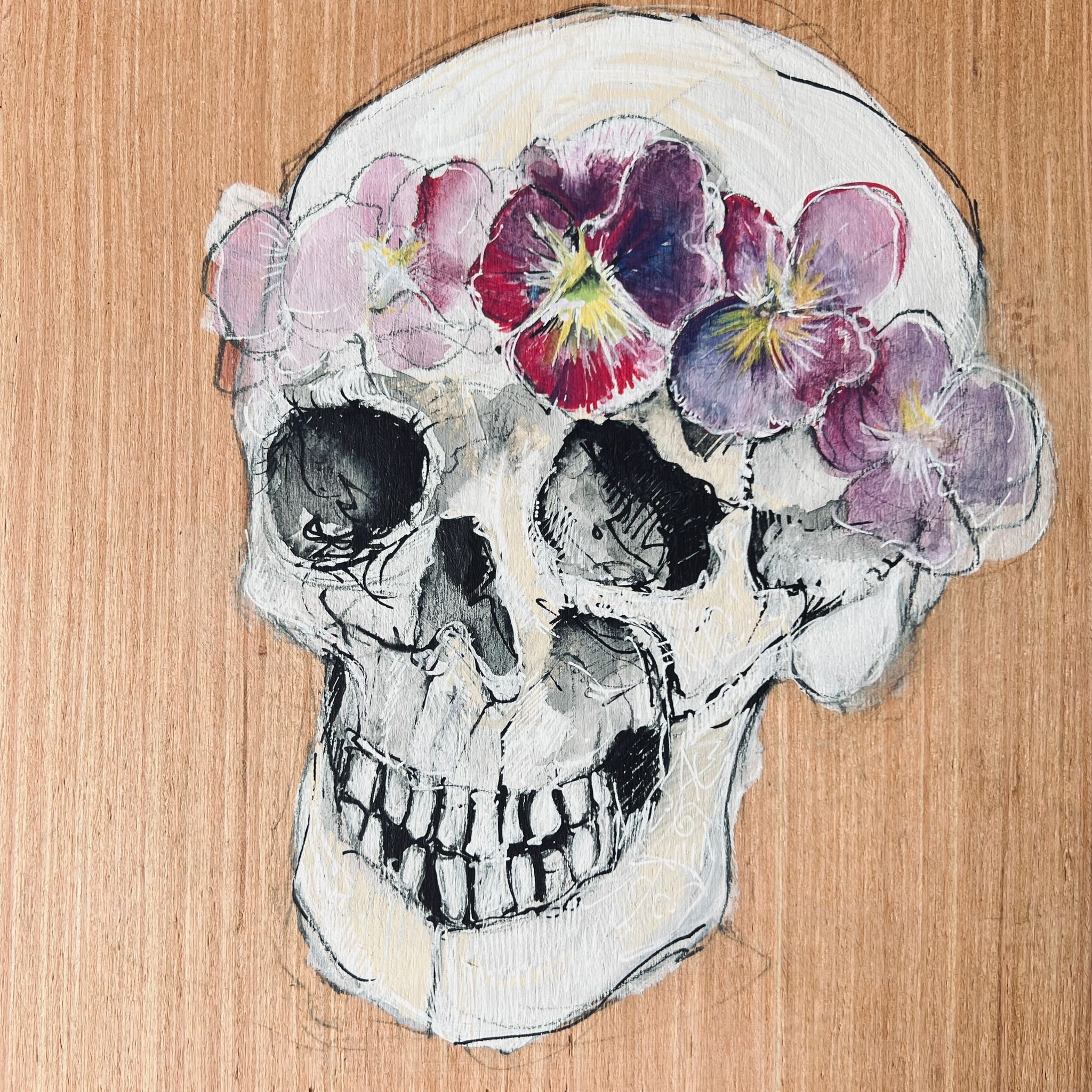 Skull with violets headband  - identity Drawing on plywood 