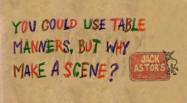 Billboard campaign for Jack Astors, playing off their casual dining experience, and brown paper table coverings/crayons left on each table.