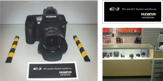 Mini speed bumps were placed in-store on both sides of the new Olympus E-3, to highlight the fact that it has the world’s fastest autofocus.