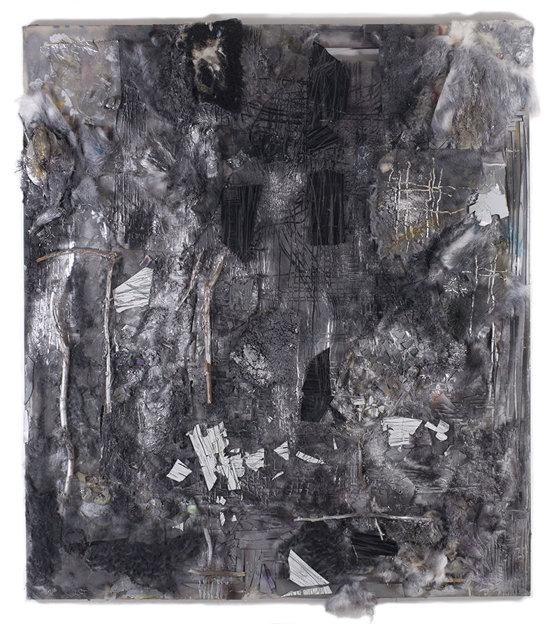 Untitled, 2016 - Adhesive, spray paint, fur, potting soil, river stones, sticks, mirror on canvas - 90 x 80 inches