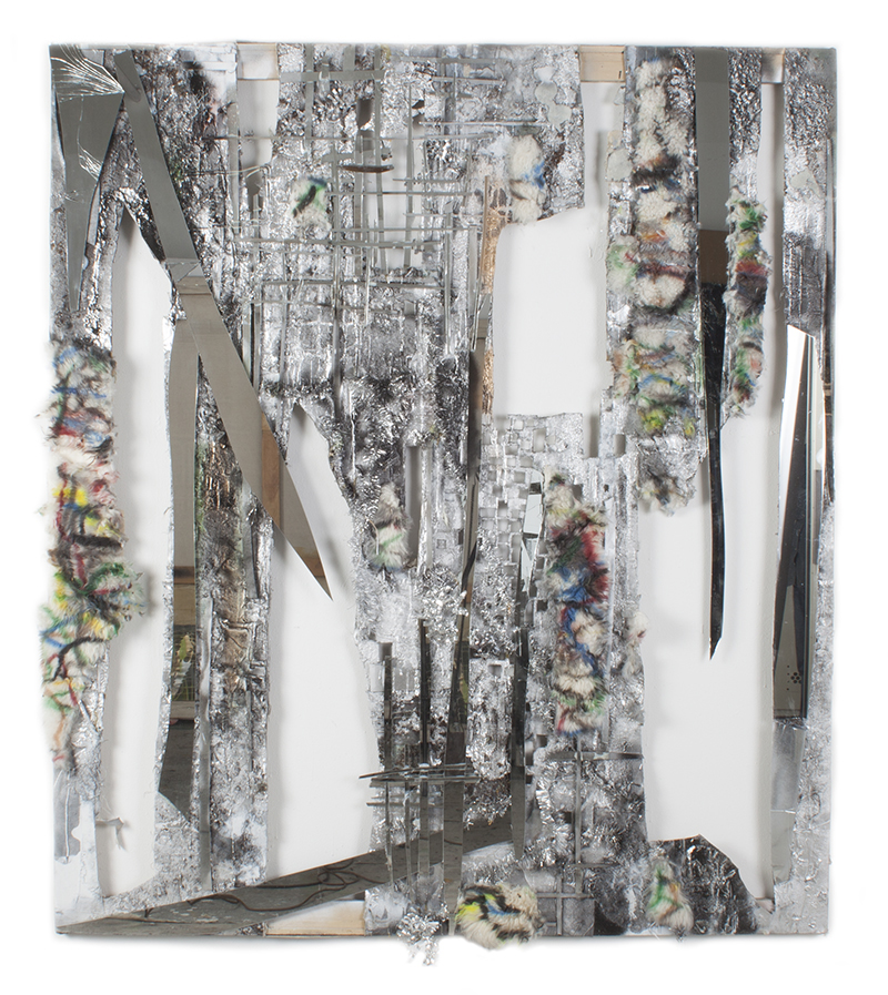 Untitled, 2015 - Adhesive, spray paint, fur, mirror, tinsel on cut canvas. 70 x 60 inches