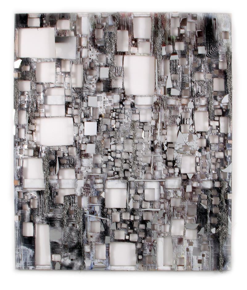 Untitled, 2015 - Adhesive, spray paint, fur, mirror, tinsel on cut canvas. 101 X 90 inches
