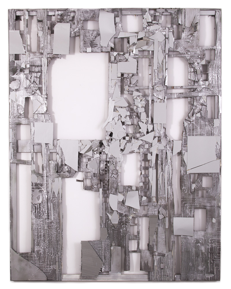 Untitled, 2015 - Adhesive, spray paint, mirror, on cut canvas. 90 x 75 inches