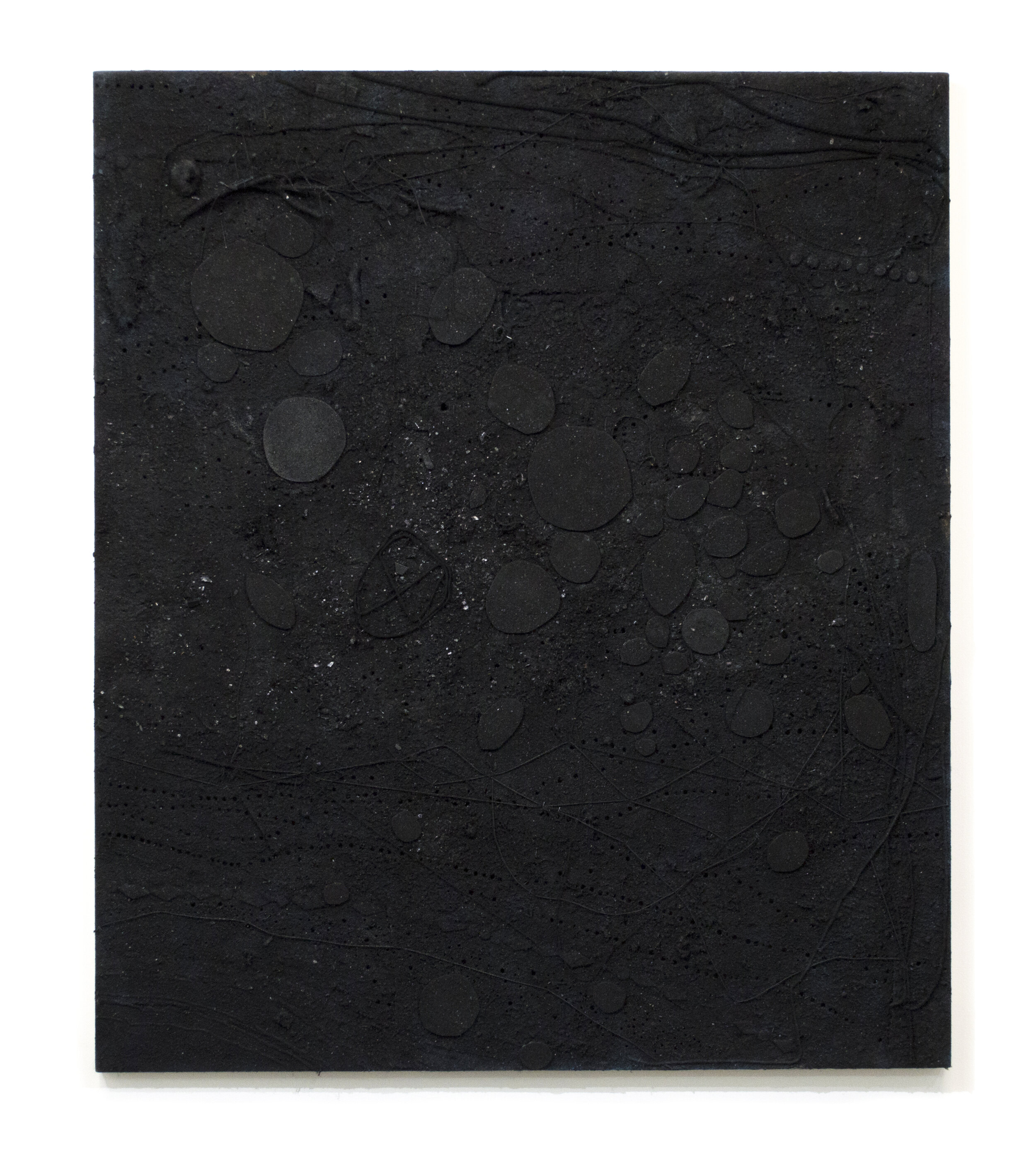 Untitled 2018 - Adhesive, spray paint, blackened mirror, fur, dirt, stones, yarn, on canvas. 70 x 60 inches