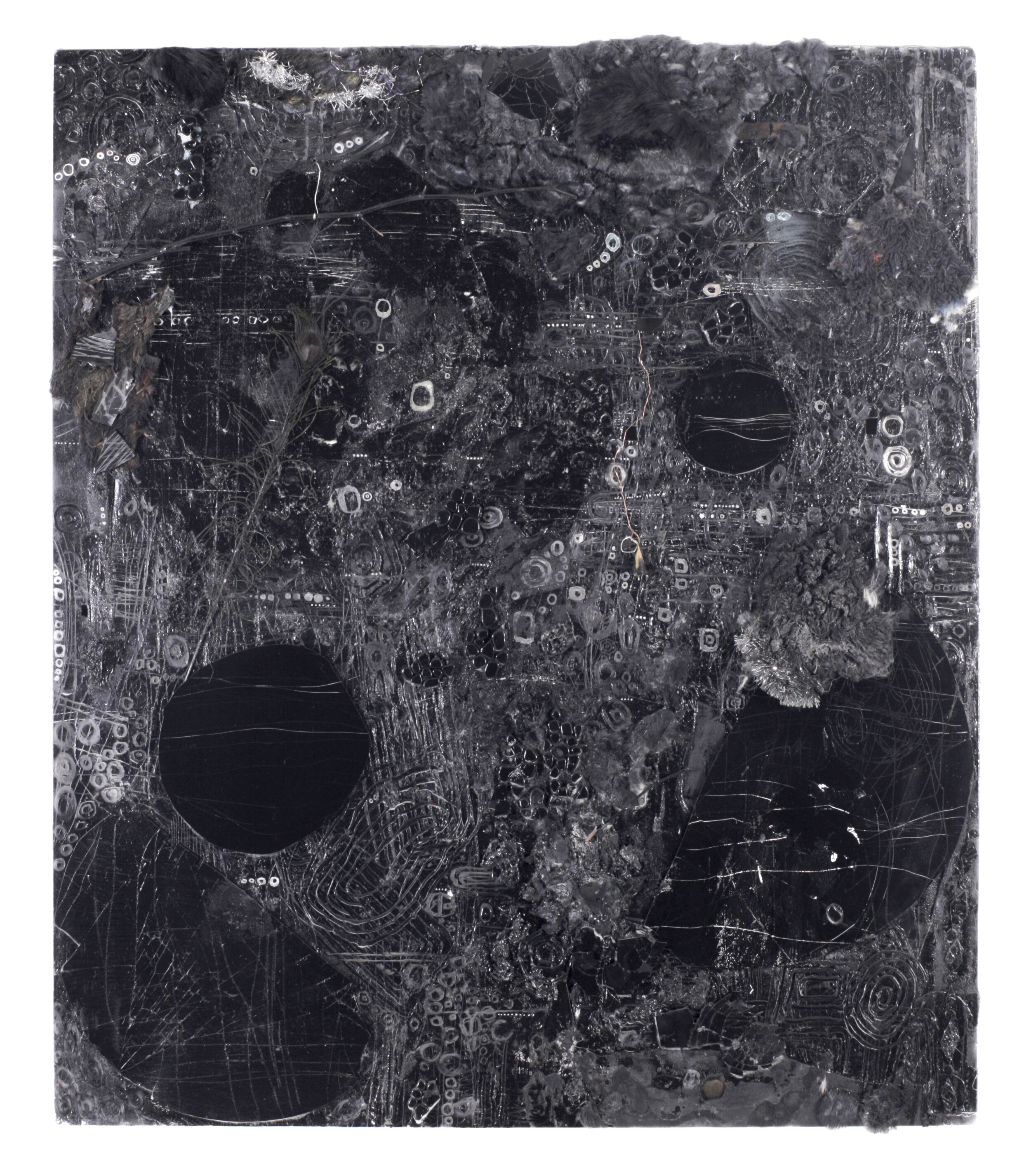 Untitled, 2017 - Adhesive, spray paint, blackened mirror, sticks, fur, bells on canvas. 90 x 80 inches