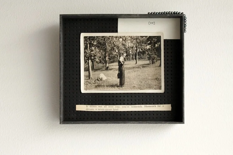 never-never land, 2015 (vintage photo, vintage book pages, freshwater pearls, silk thread, perforated paper, paper, board, twine, glue) 16,4×14,6×3,5cm/ 6.5″x5.7″x1.4"