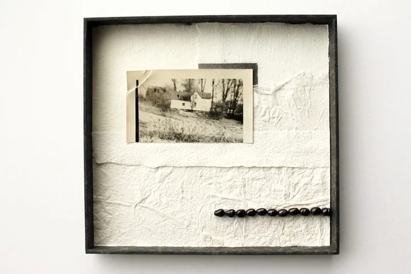 untitled, 2015 vintage photo, self-made paper, handmade papers, freshwater pearls, silk thread, paper, board, twine, glue 16x15x1,5cm/ 6.3″x5.9″x0.6"