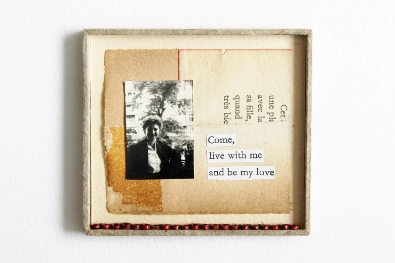 be my love, 2016 (vintage photo, old book pages, cut up text, various papers, ceramic beads, sewing thread, linen thread, board, glue) 8,3×7,6×0.7cm / 3.3″x3″x0.3″