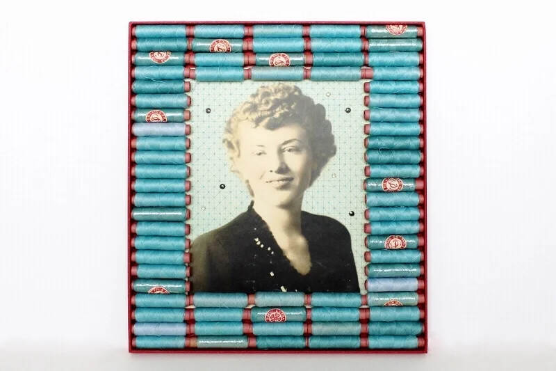   seamstress of the year, 2016    (vintage photo, vintage spools of thread, vintage sew-on-gems and glass nailheads, paper, board, twine, glue)     30×33,5cm/&nbsp; 11.8″x13.2″   